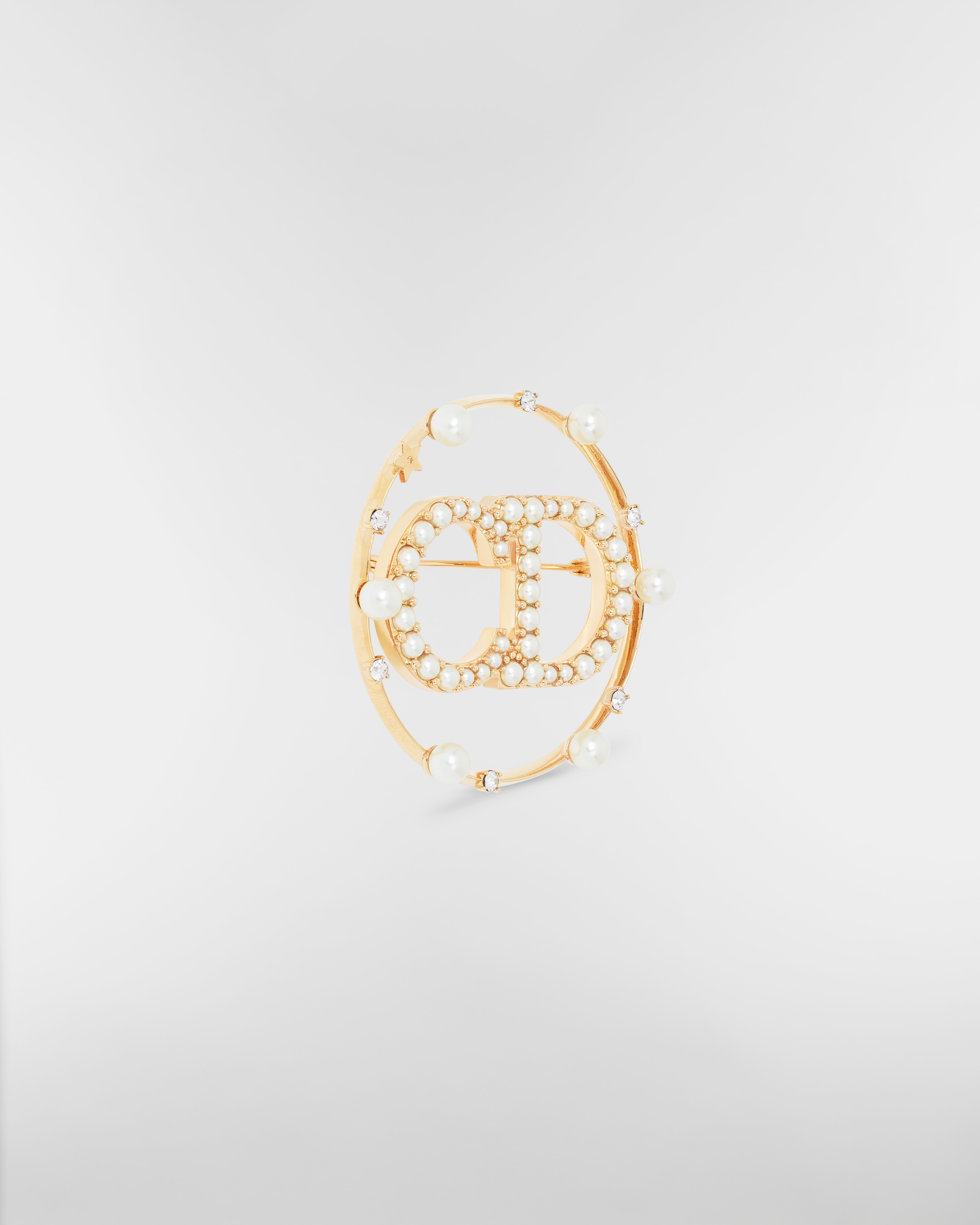 Clair D Lune Brooch Gold-Finish Metal, White Resin Pearls and White Crystals E03