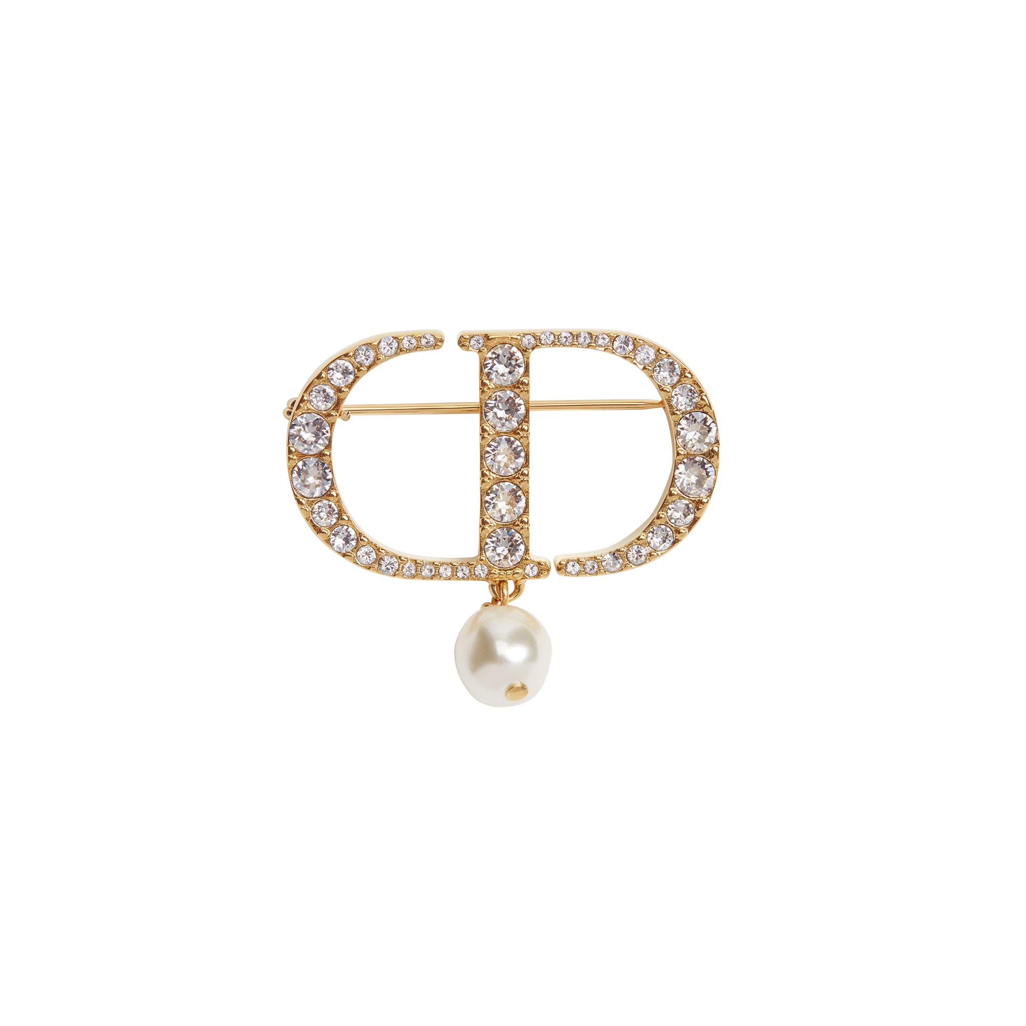 Petit CD Brooch Gold-Finish Metal with a White Resin Pearl and Silver-Tone Crystals E01