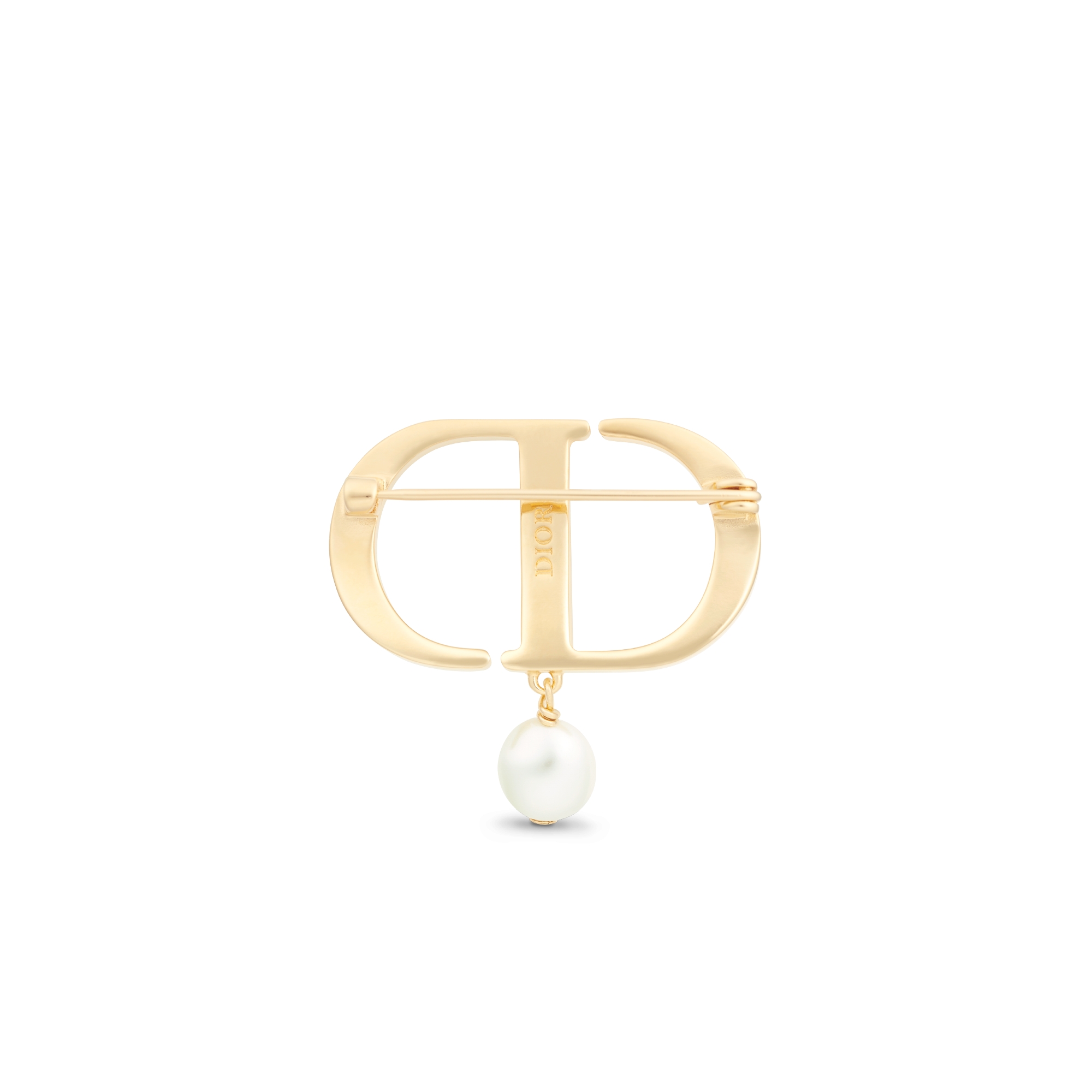 Petit CD-broche Metaal met goudkleurige afwerking met een witte harsparel en zilverkleurige kristallen E08