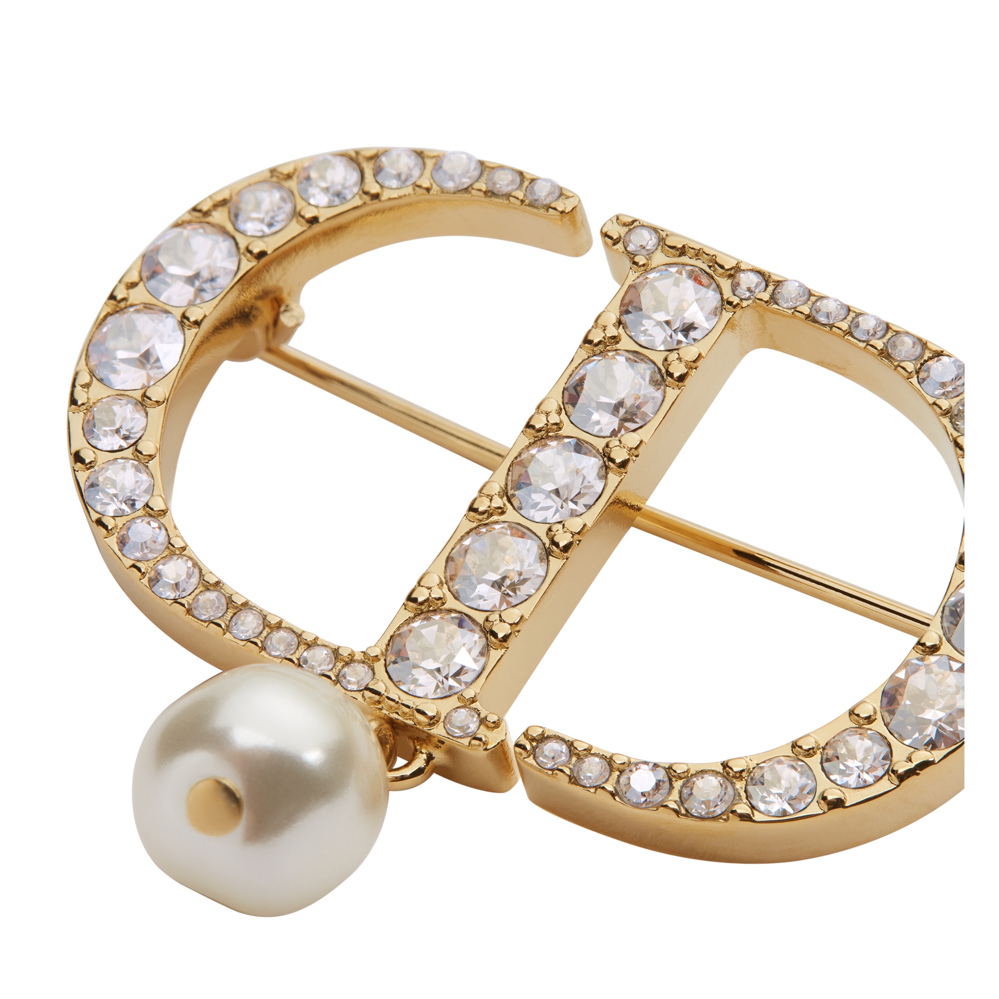 Petit CD Brooch Gold-Finish Metal with a White Resin Pearl and Silver-Tone Crystals E09