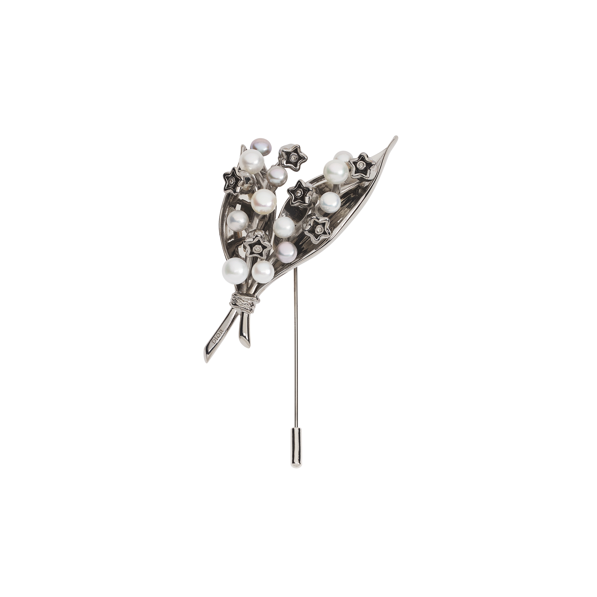 Lily of the Valley Brooch Silver-Finish Brass with Gray and White Freshwater Pearls E01