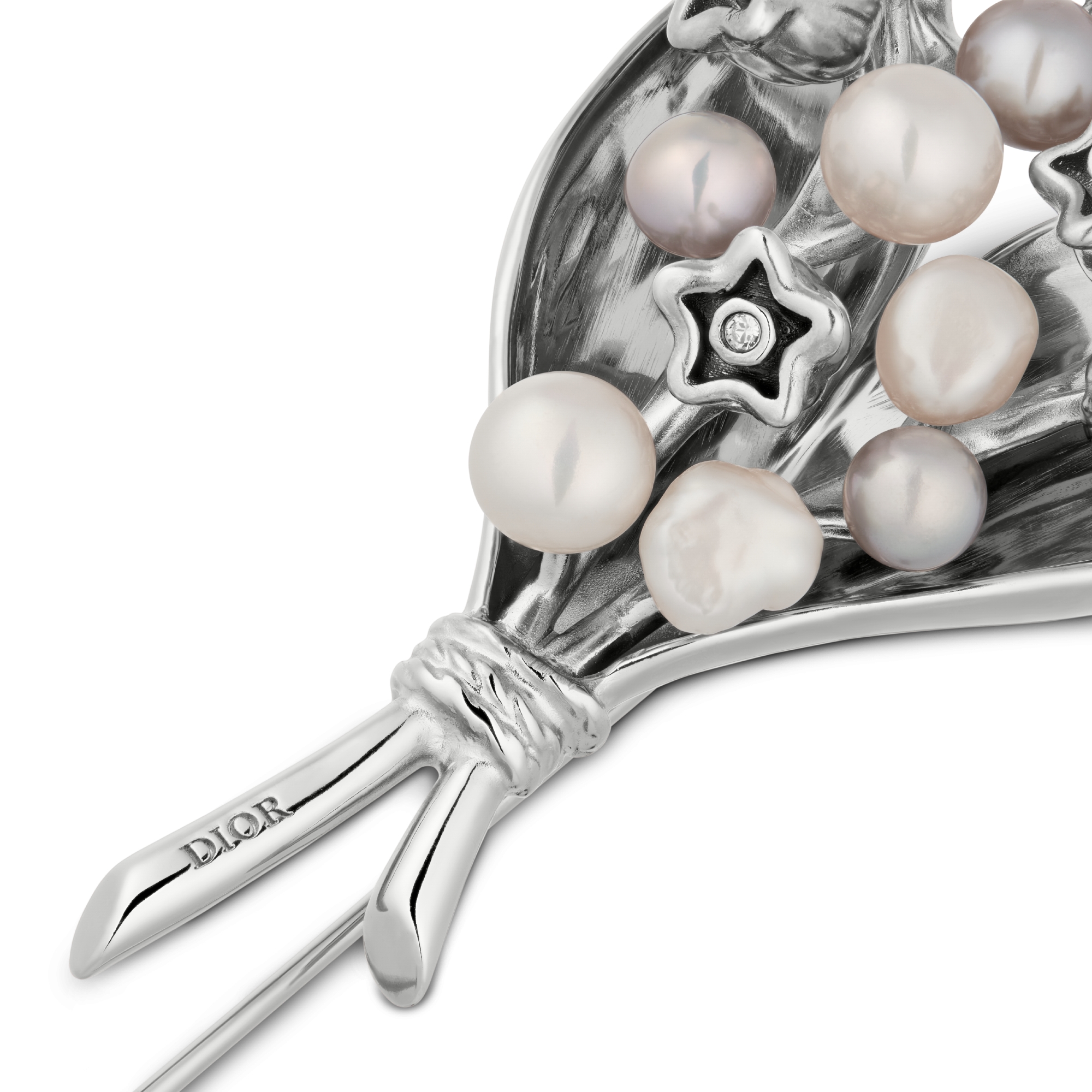 Lily of the Valley Brooch Silver-Finish Brass with Gray and White Freshwater Pearls E09