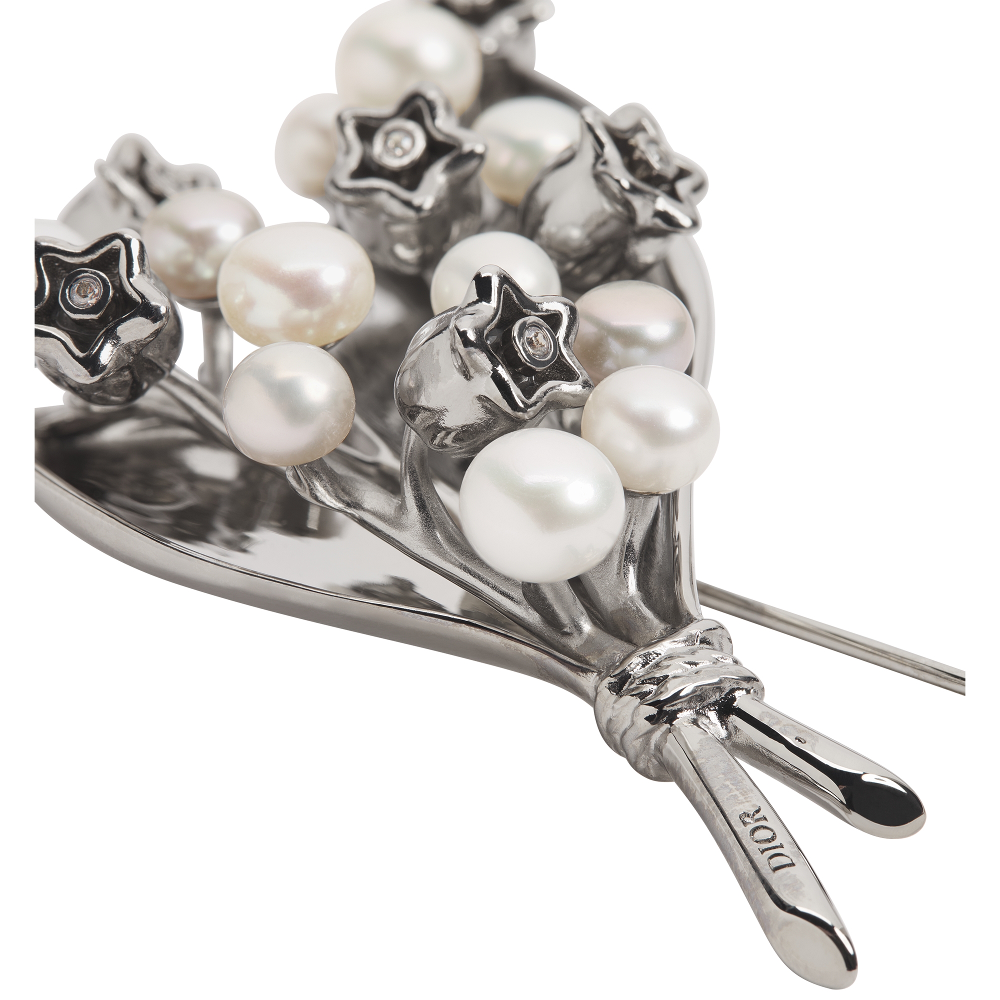Lily of the Valley Brooch Silver-Finish Brass with Gray and White Freshwater Pearls E09