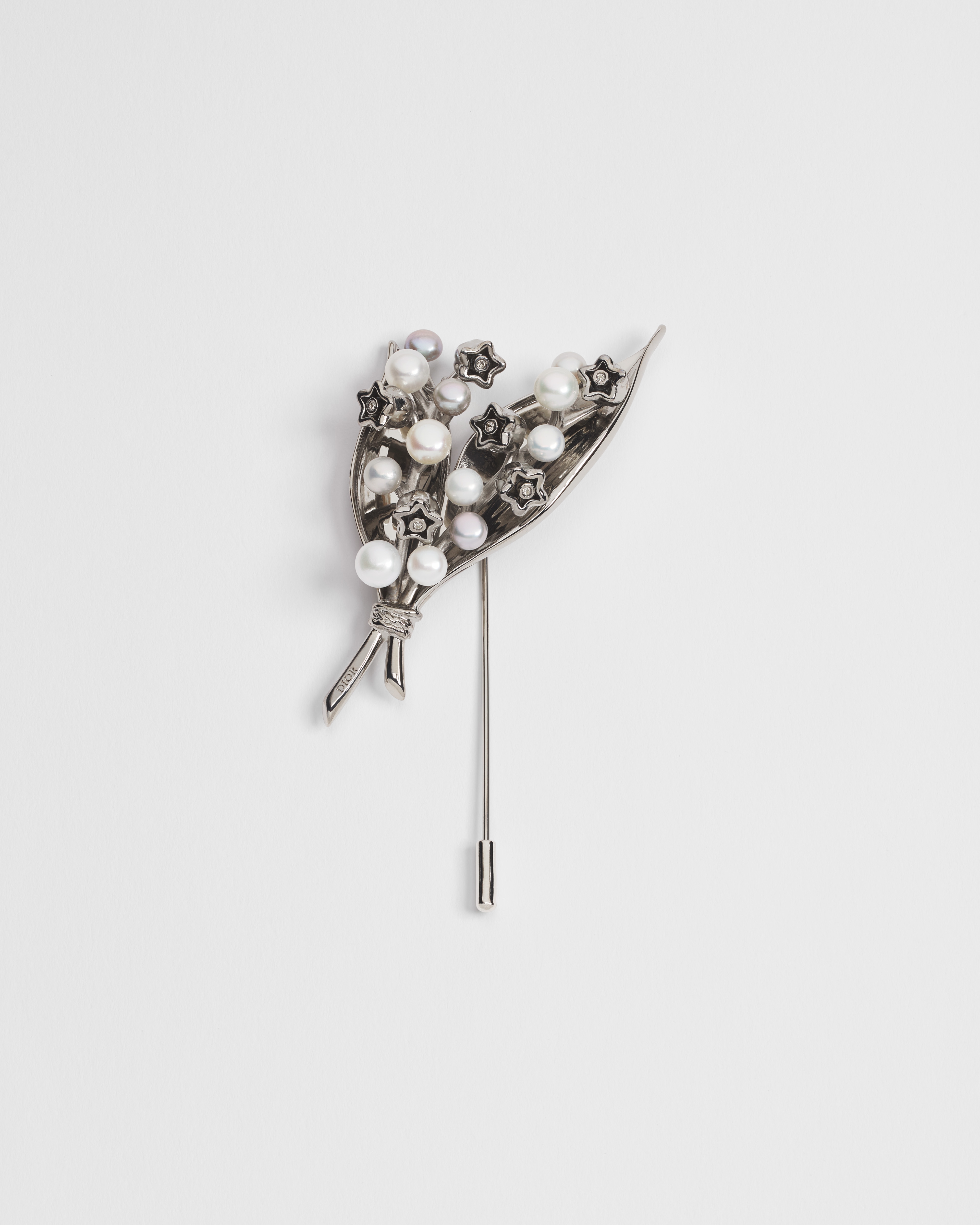 Broche Muguet Laiton argenté et perles d'eau douce grises et blanches E01