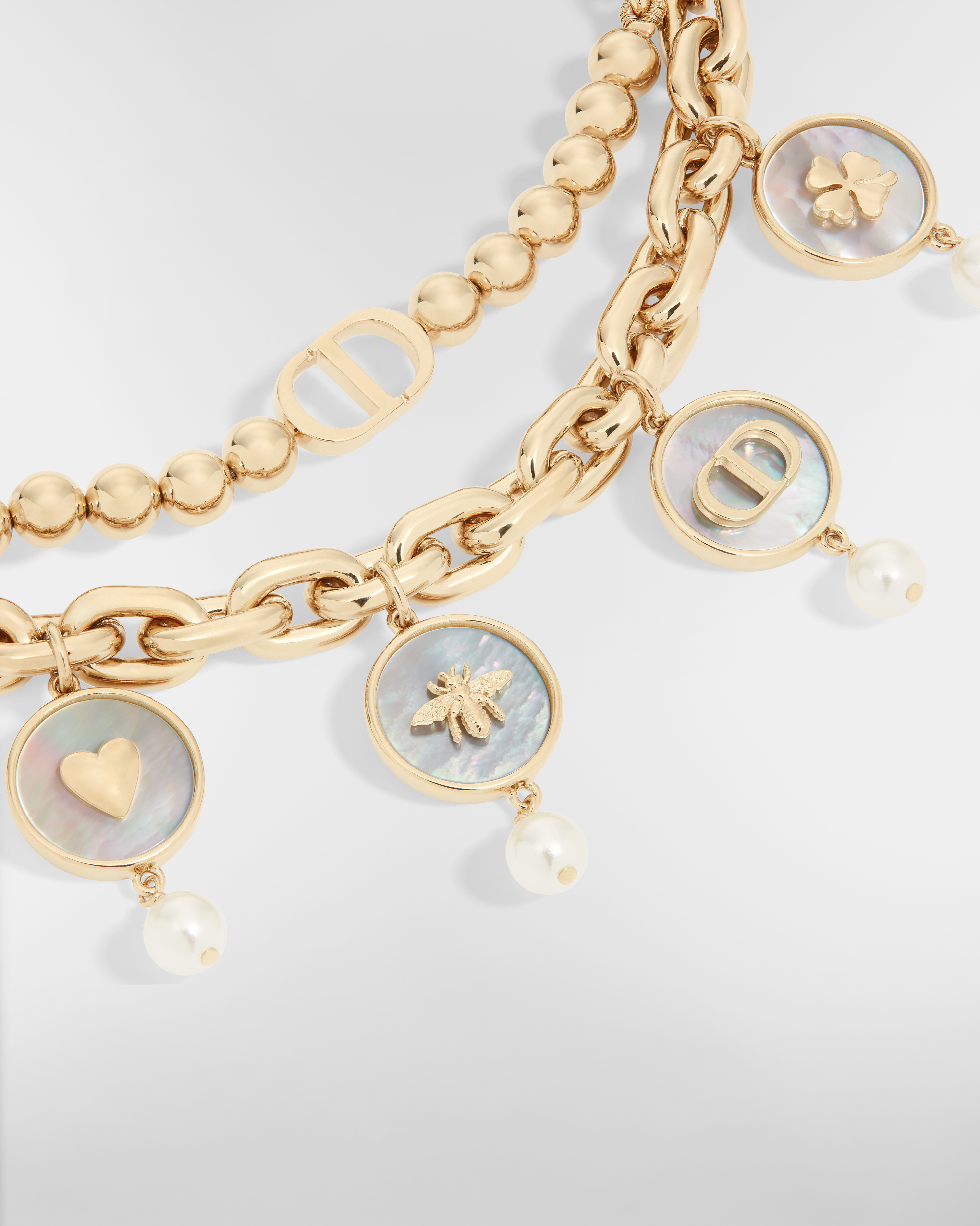 D-Luck Bag Charm Gold-Finish Metal, White Resin Pearls and White Mother-of-Pearl E09