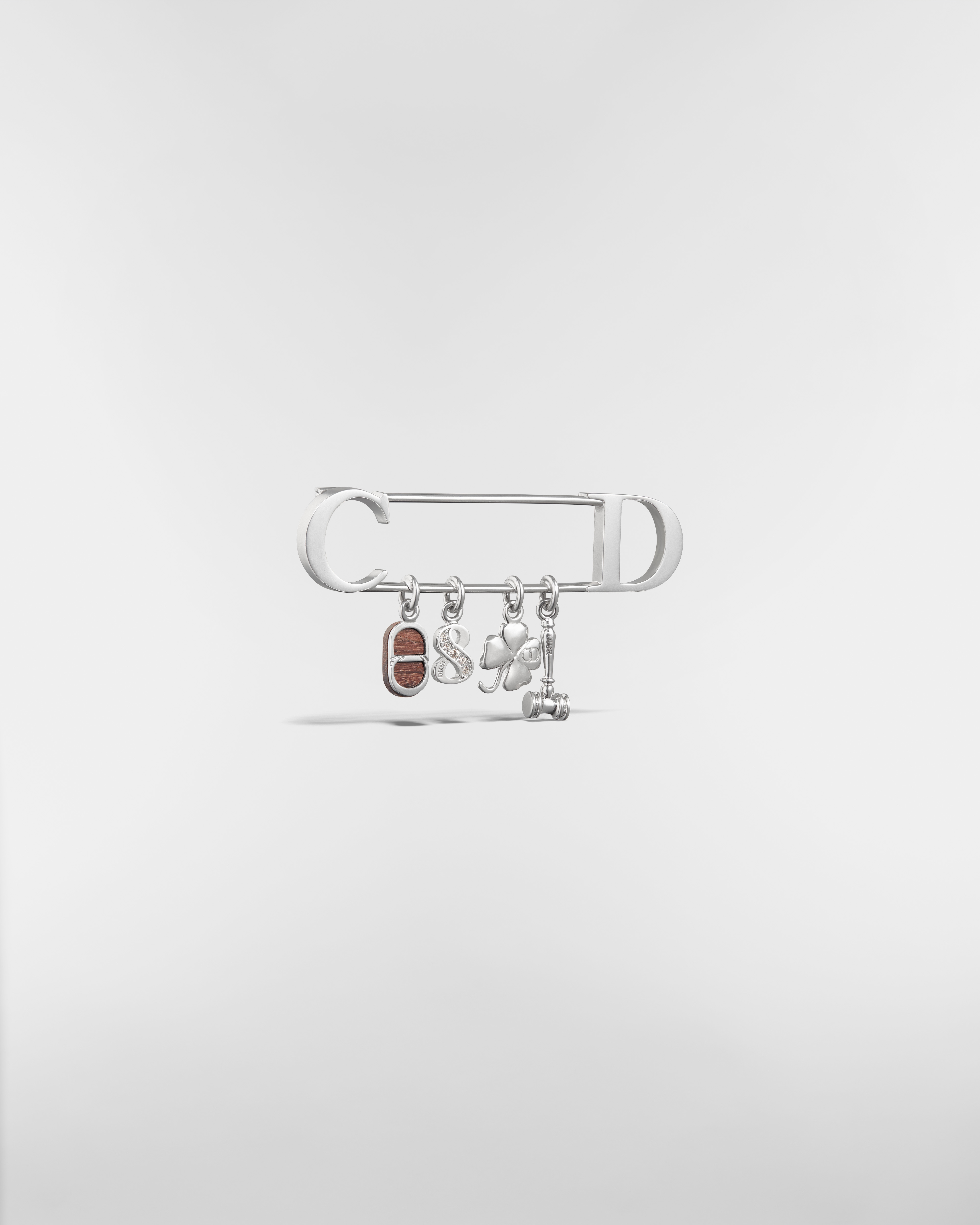 Knock on Wood Brooch Silver-Finish Brass, Santos Wood and White Crystals E03