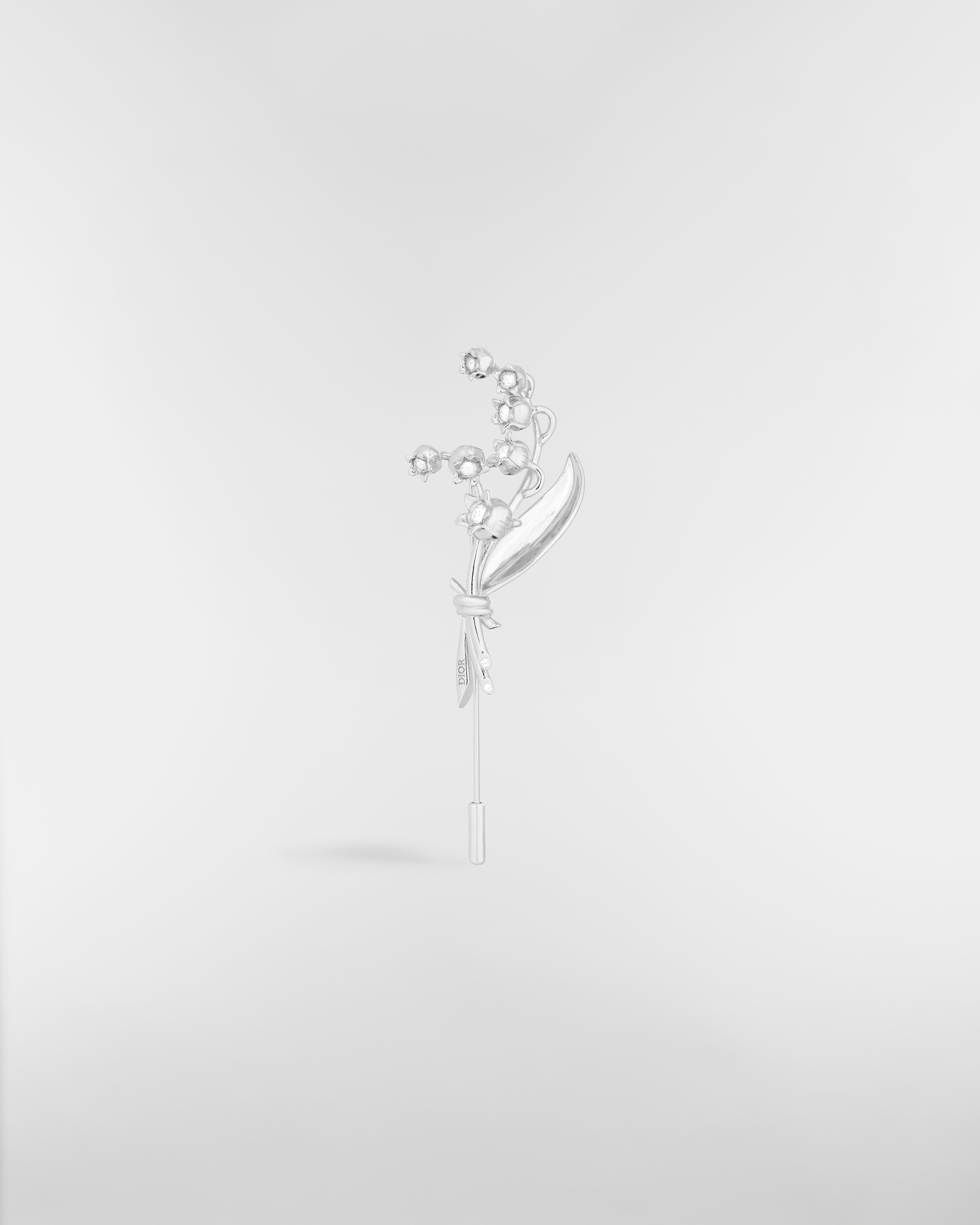 Lily of the Valley Brooch Silver-Finish Brass and White Crystals E01