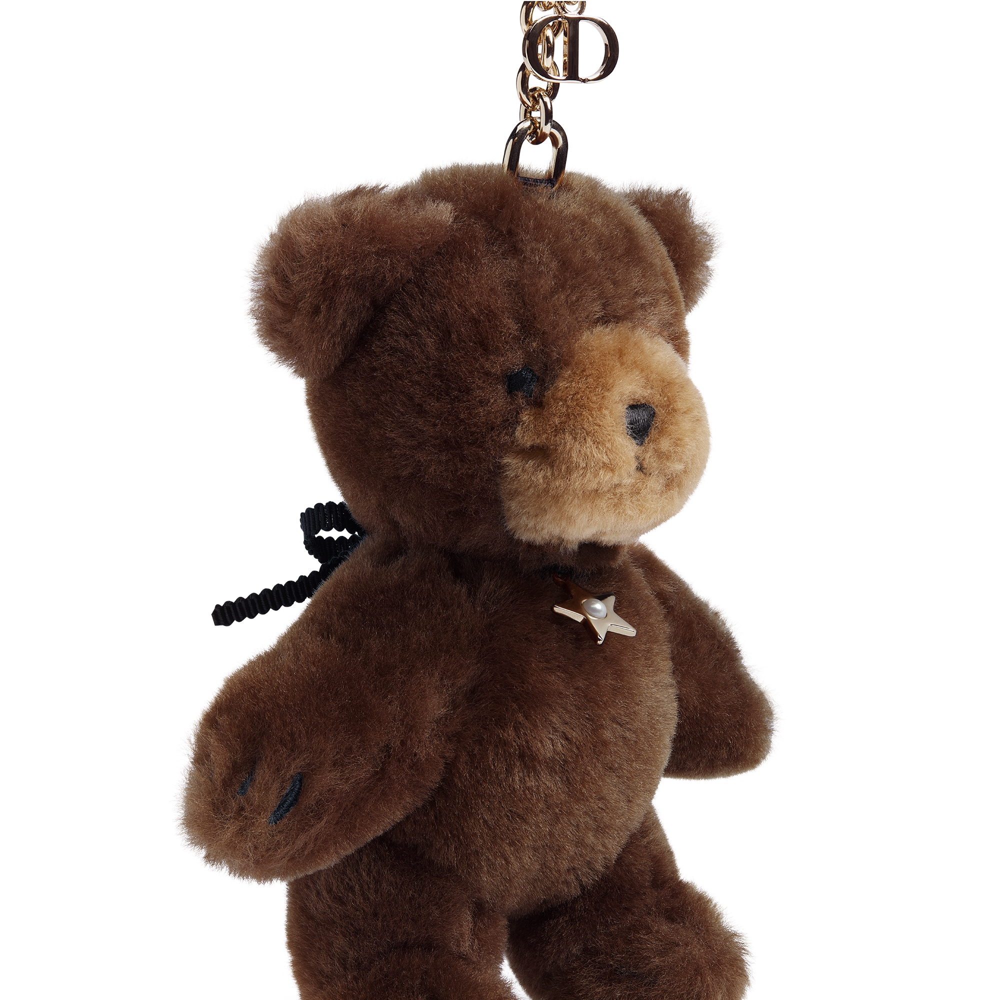 Bear Bag Charm Brown Lambswool, Pale Gold-Finish Metal and White Resin Pearls E09