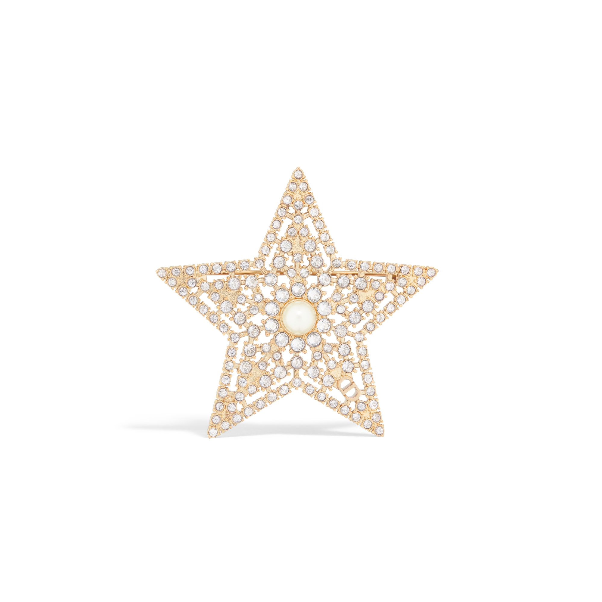 Nuit Étoilée Brooch Pale Gold-Finish Metal, White Resin Pearl and Silver-Tone Crystals E01