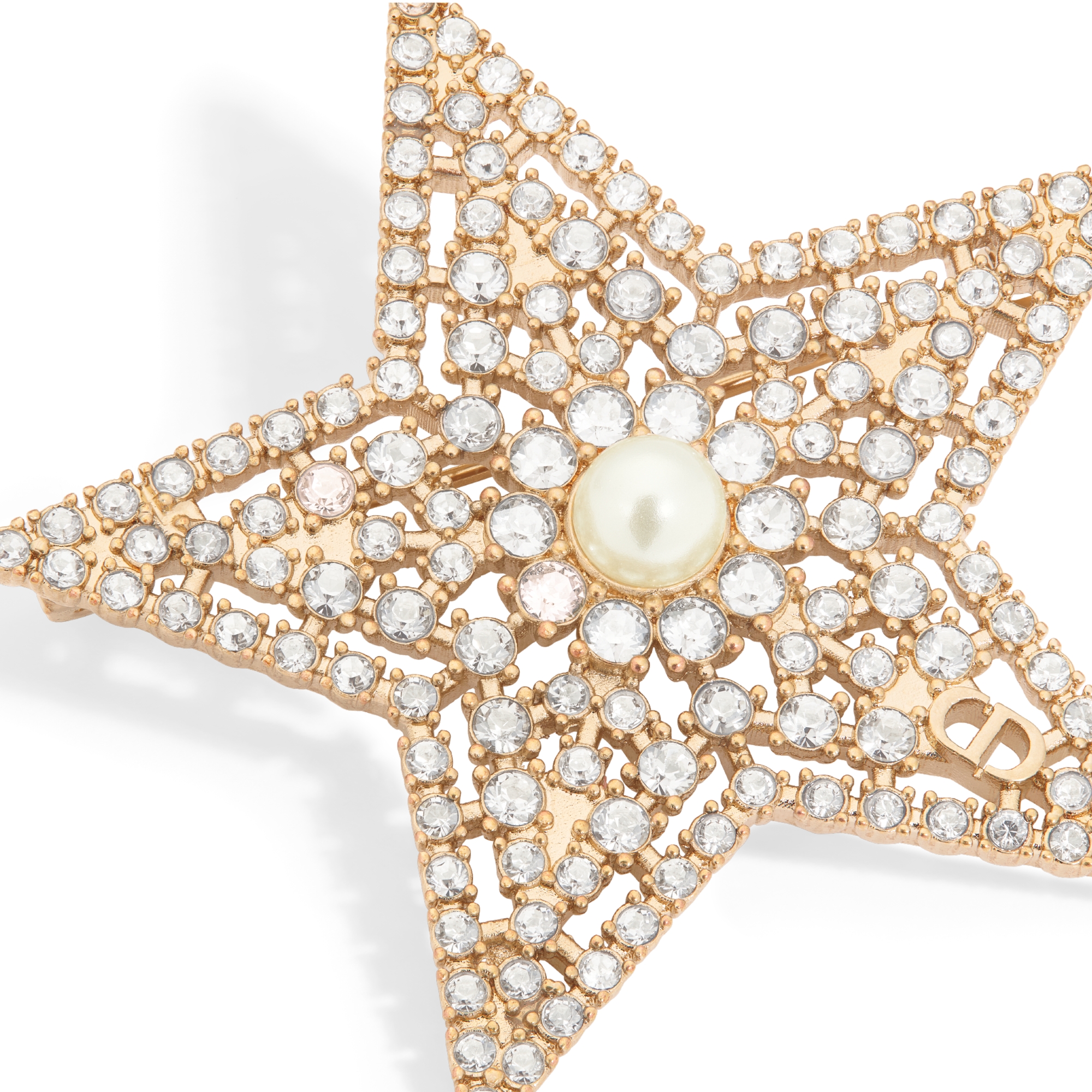 Nuit Étoilée Brooch Pale Gold-Finish Metal, White Resin Pearl and Silver-Tone Crystals E09