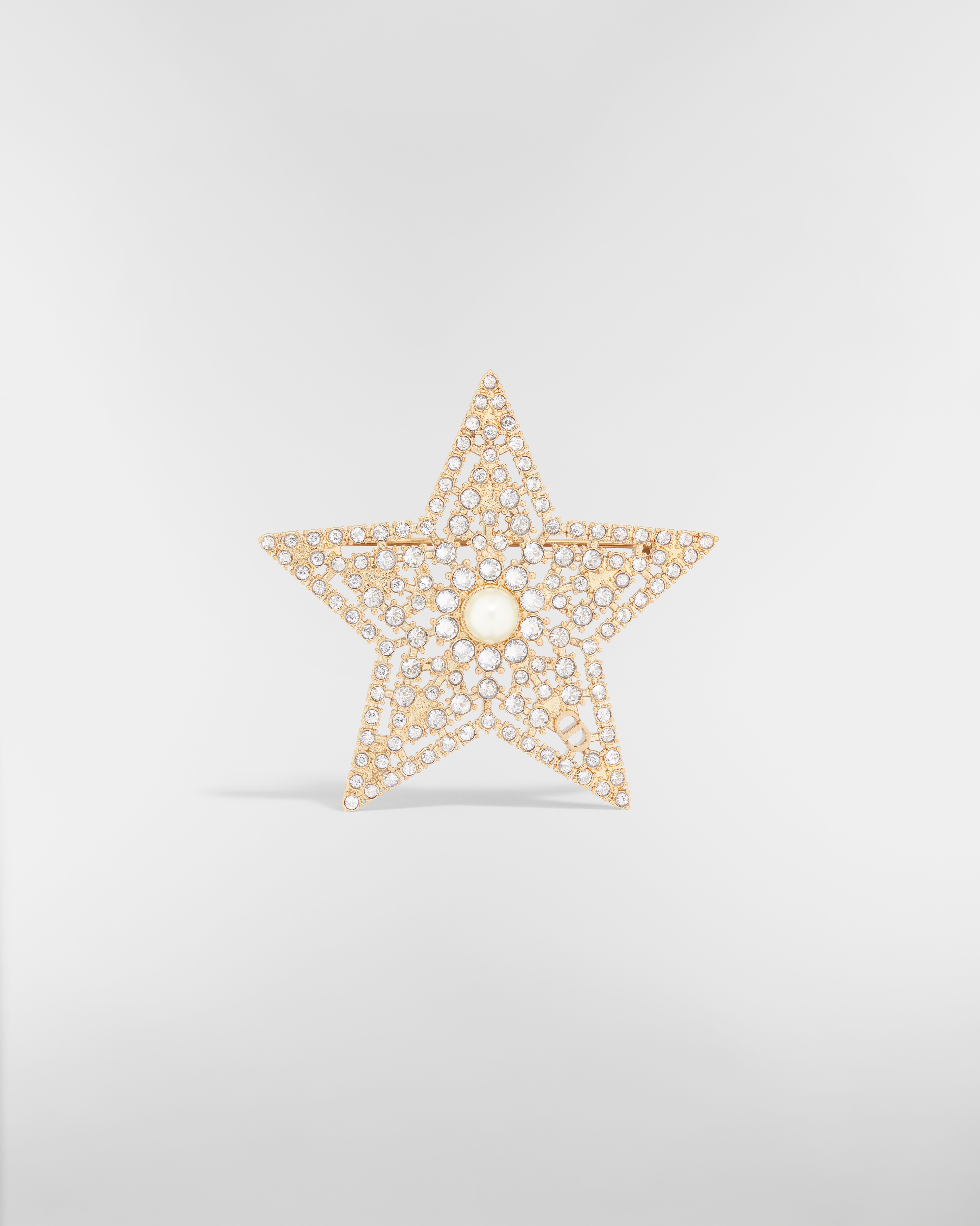 Nuit Étoilée-broche Vaalgoudkleurig metaal, witte harsparel en zilverkleurige kristallen E01