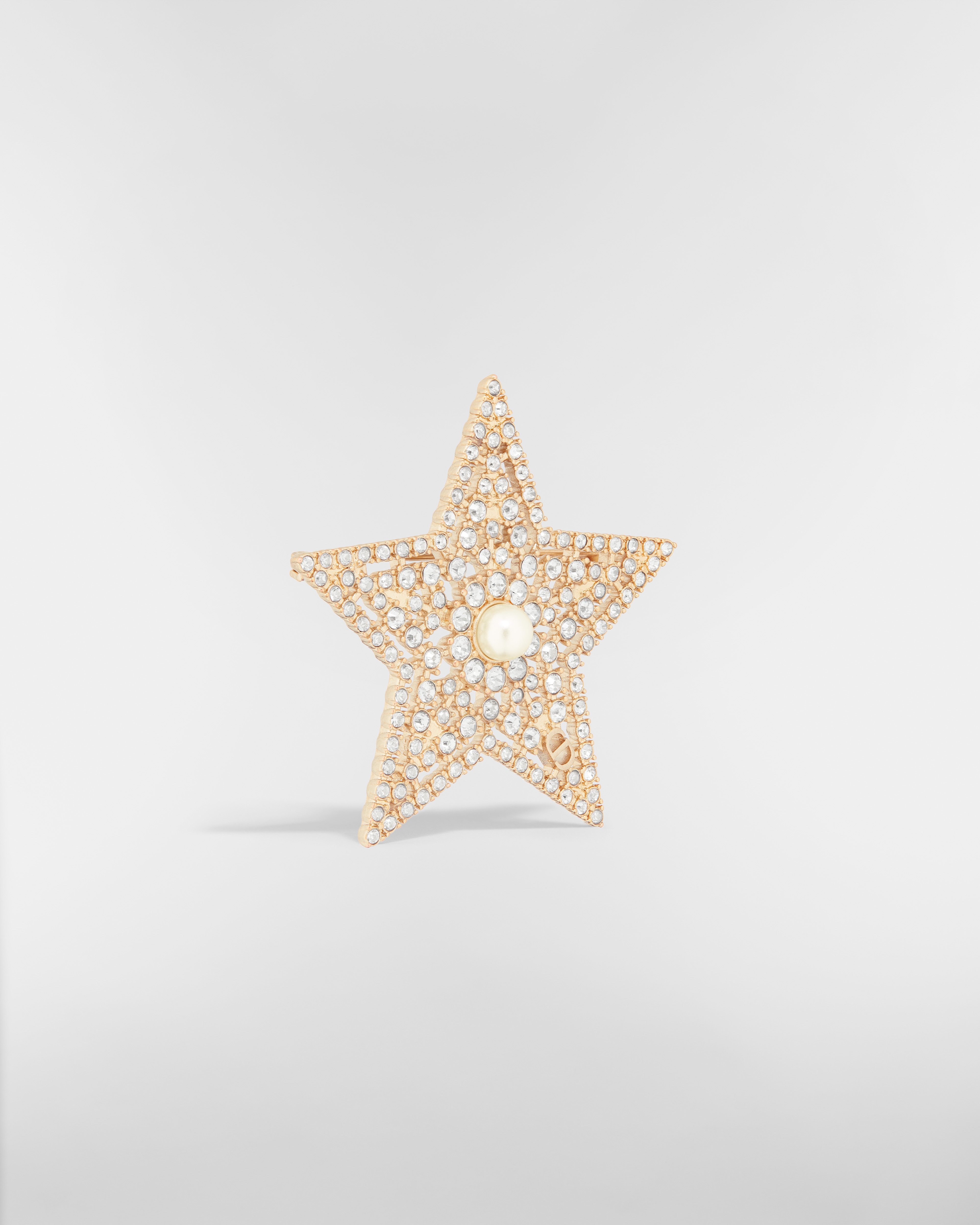 Nuit Étoilée-broche Vaalgoudkleurig metaal, witte harsparel en zilverkleurige kristallen E03