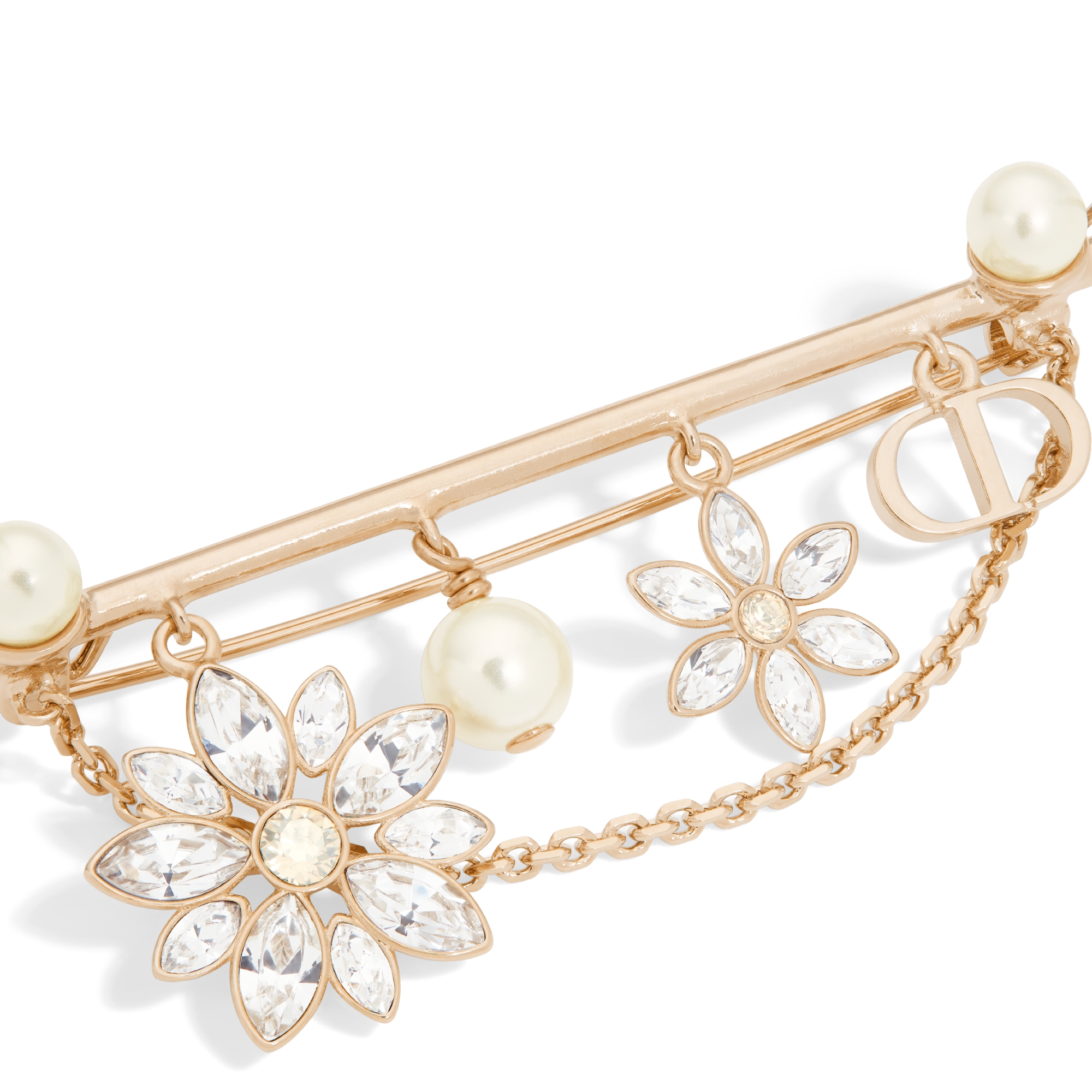 Fleur de Glace Brooch Pale Gold-Finish Metal with White Resin Pearls and Gold-Tone and Silver-Tone Crystals E09