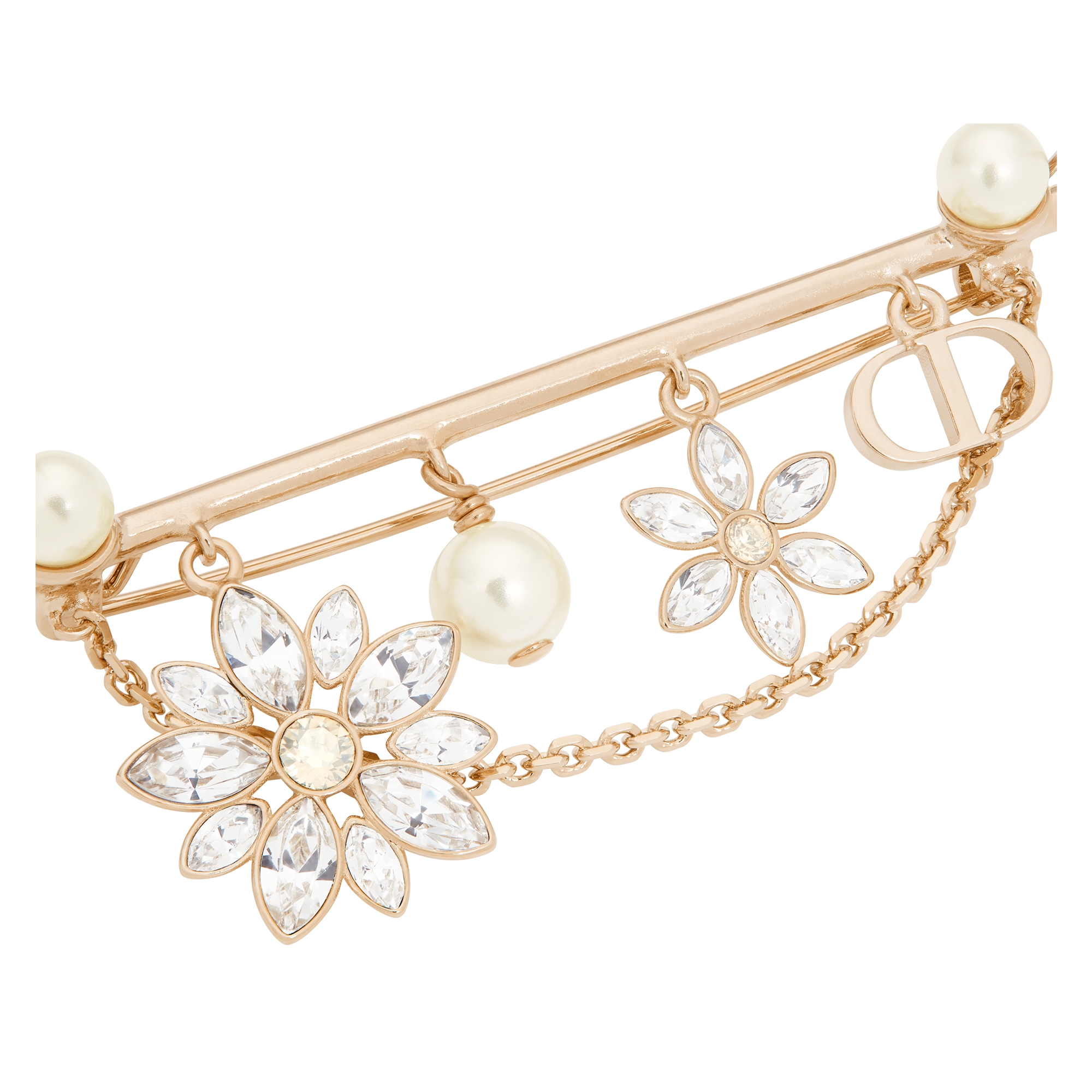 Fleur de Glace Brooch Pale Gold-Finish Metal with White Resin Pearls and Gold-Tone and Silver-Tone Crystals E09