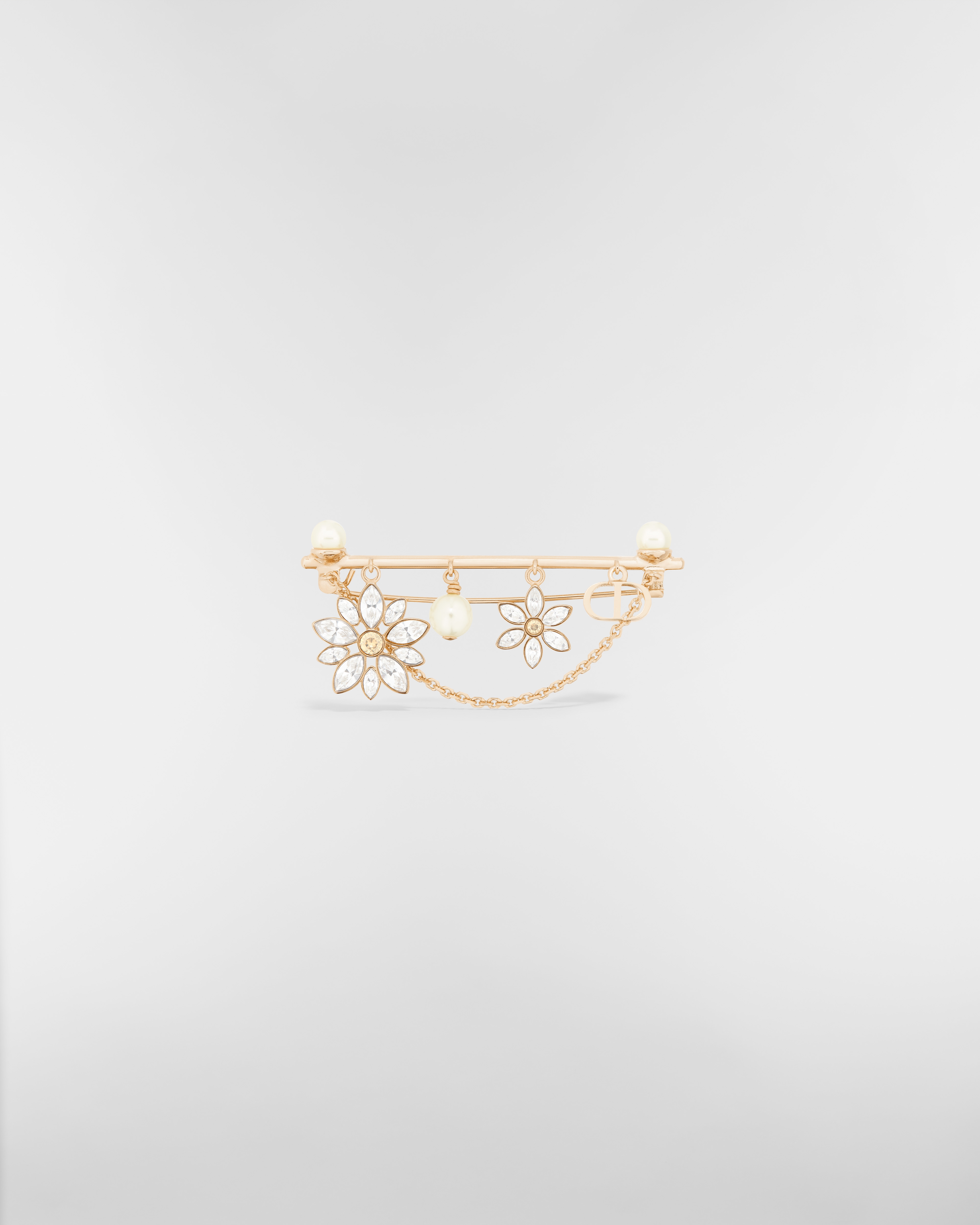 بروش Fleur de Glace معدن ذهبي خافت مع لآلئ من الراتنج الأبيض وحبّات كريستال باللونين الذهبي والفضّي E01