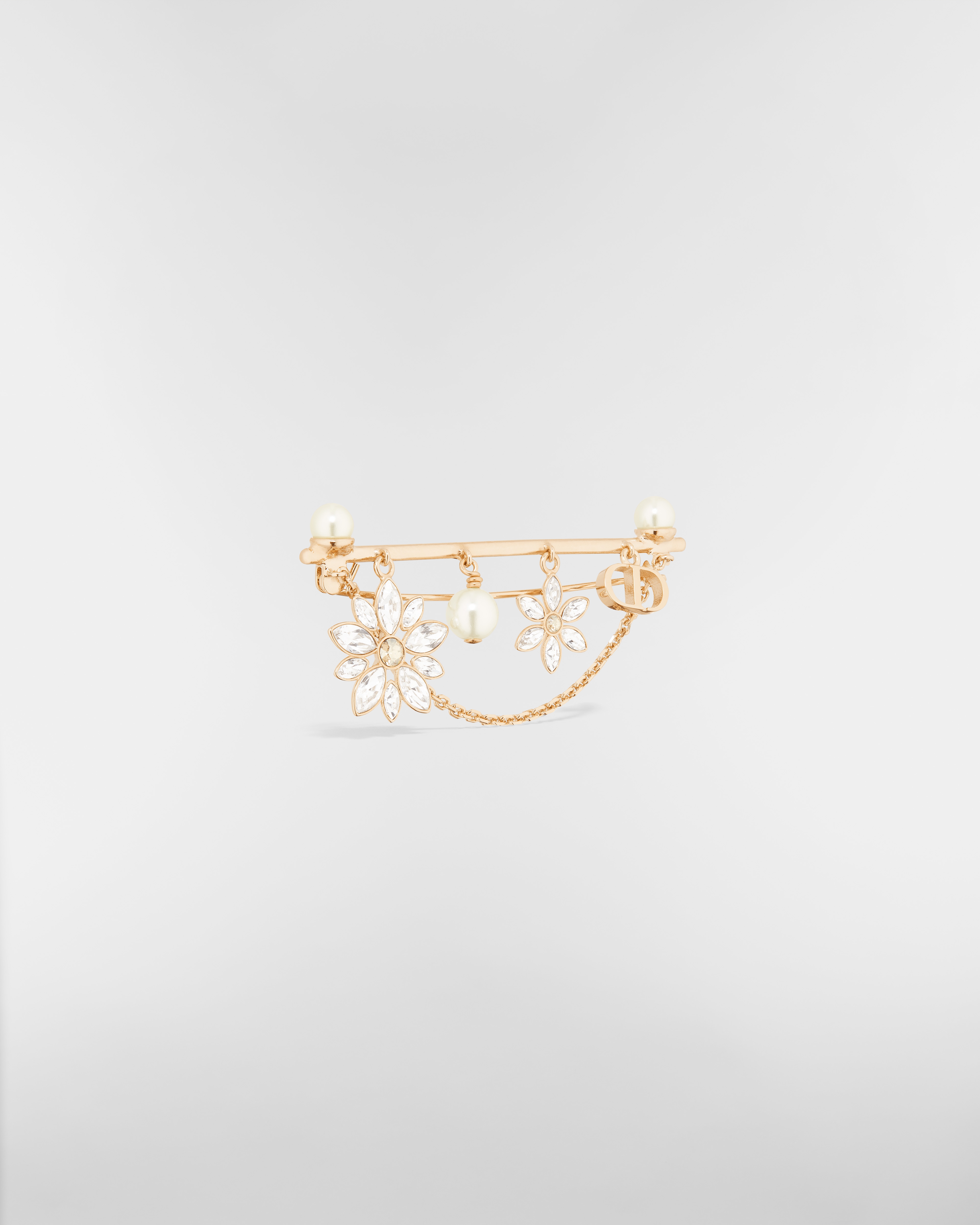 بروش Fleur de Glace معدن ذهبي خافت مع لآلئ من الراتنج الأبيض وحبّات كريستال باللونين الذهبي والفضّي E03