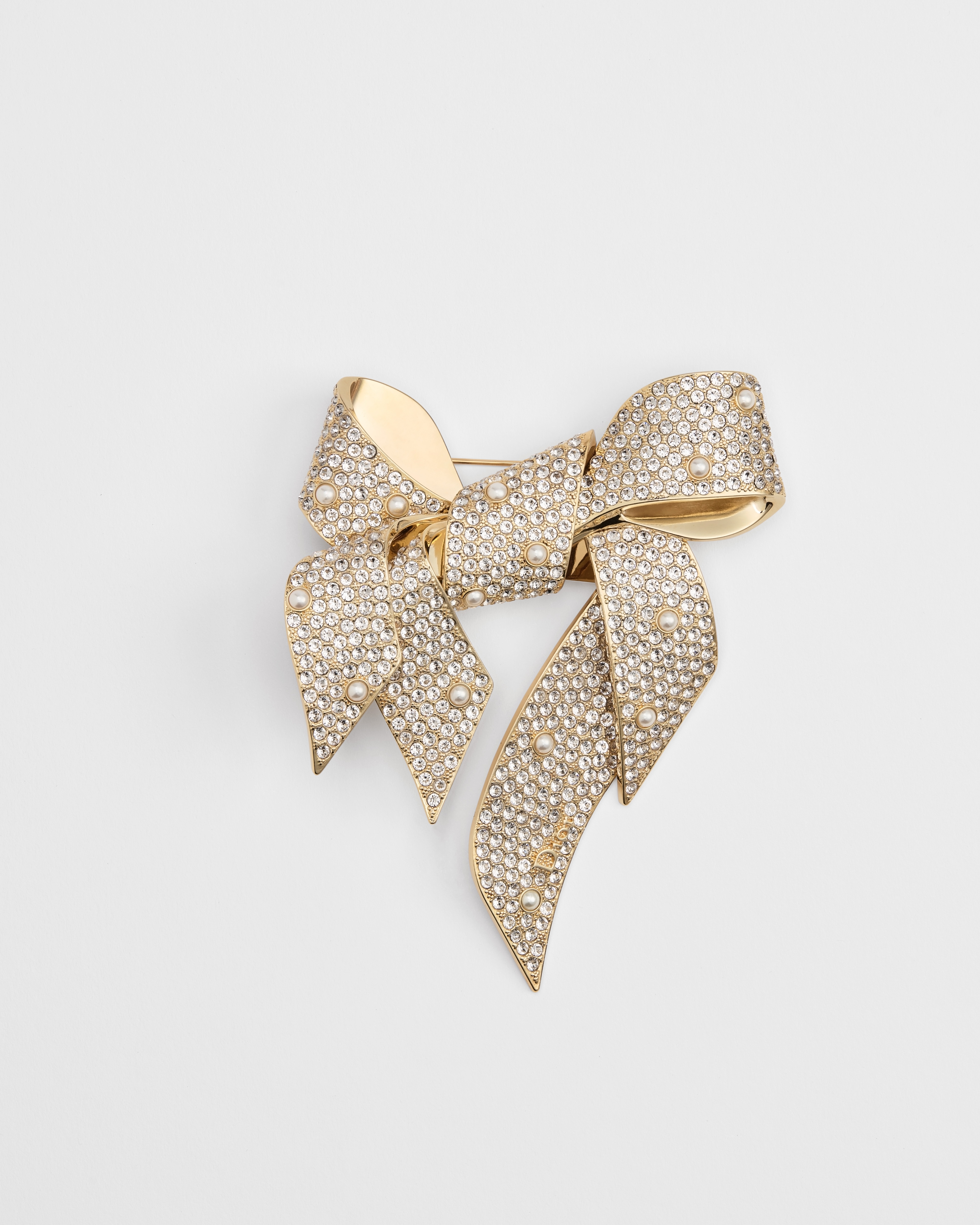 Dior Or – Dior Shiny Bow Brooch Gold-Finish Metal, White Resin Pearls and White Crystals E01