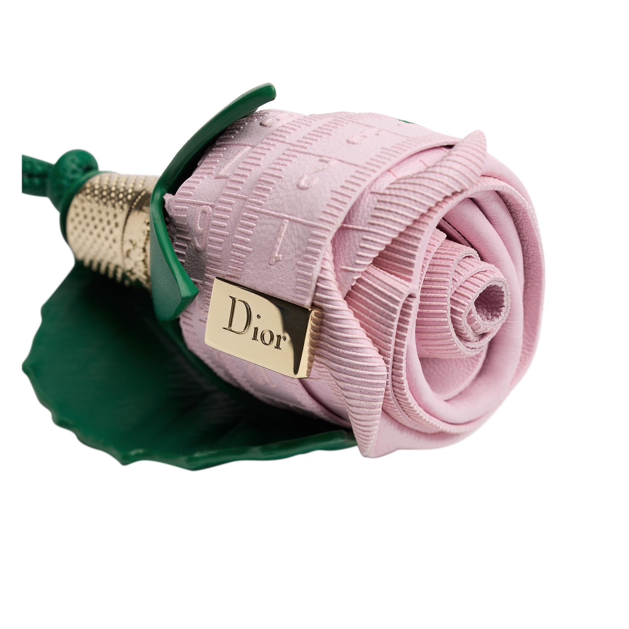 Dioramour Rose Bag Charm Pink and Green Calfskin with Gold-Finish Metal E09