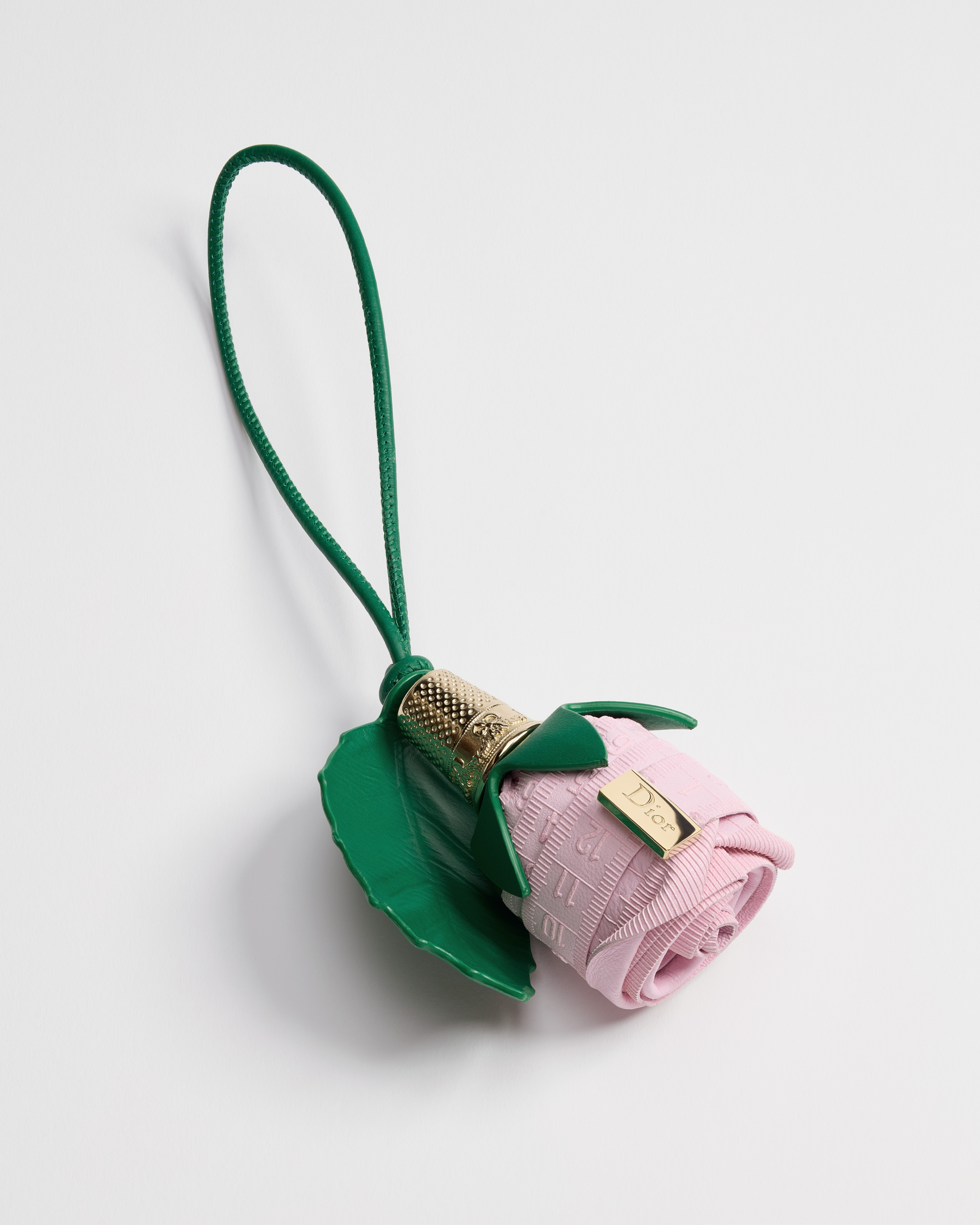 Dioramour Rose Bag Charm Pink and Green Calfskin with Gold-Finish Metal E01