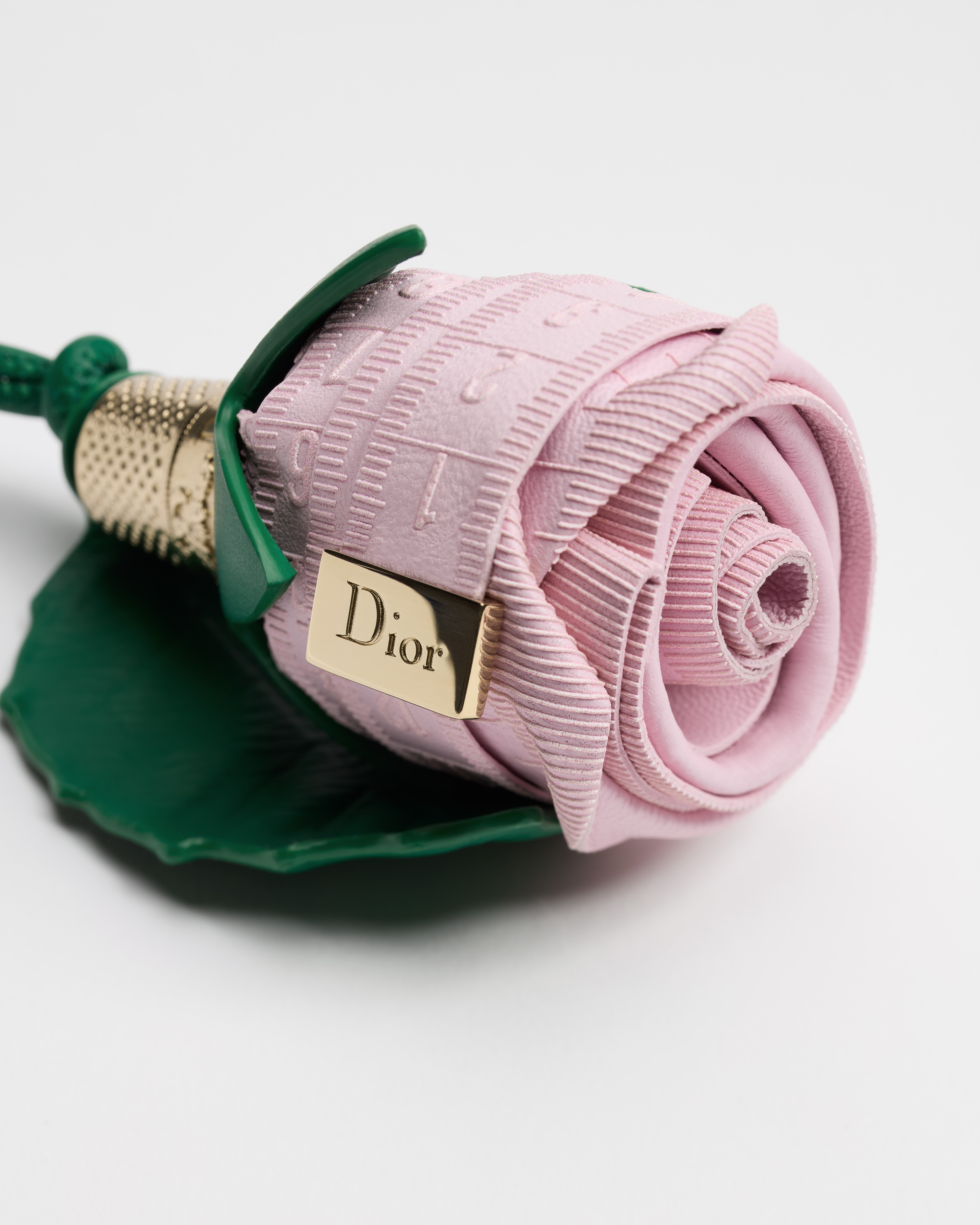 Dioramour Rose Bag Charm Pink and Green Calfskin with Gold-Finish Metal E09