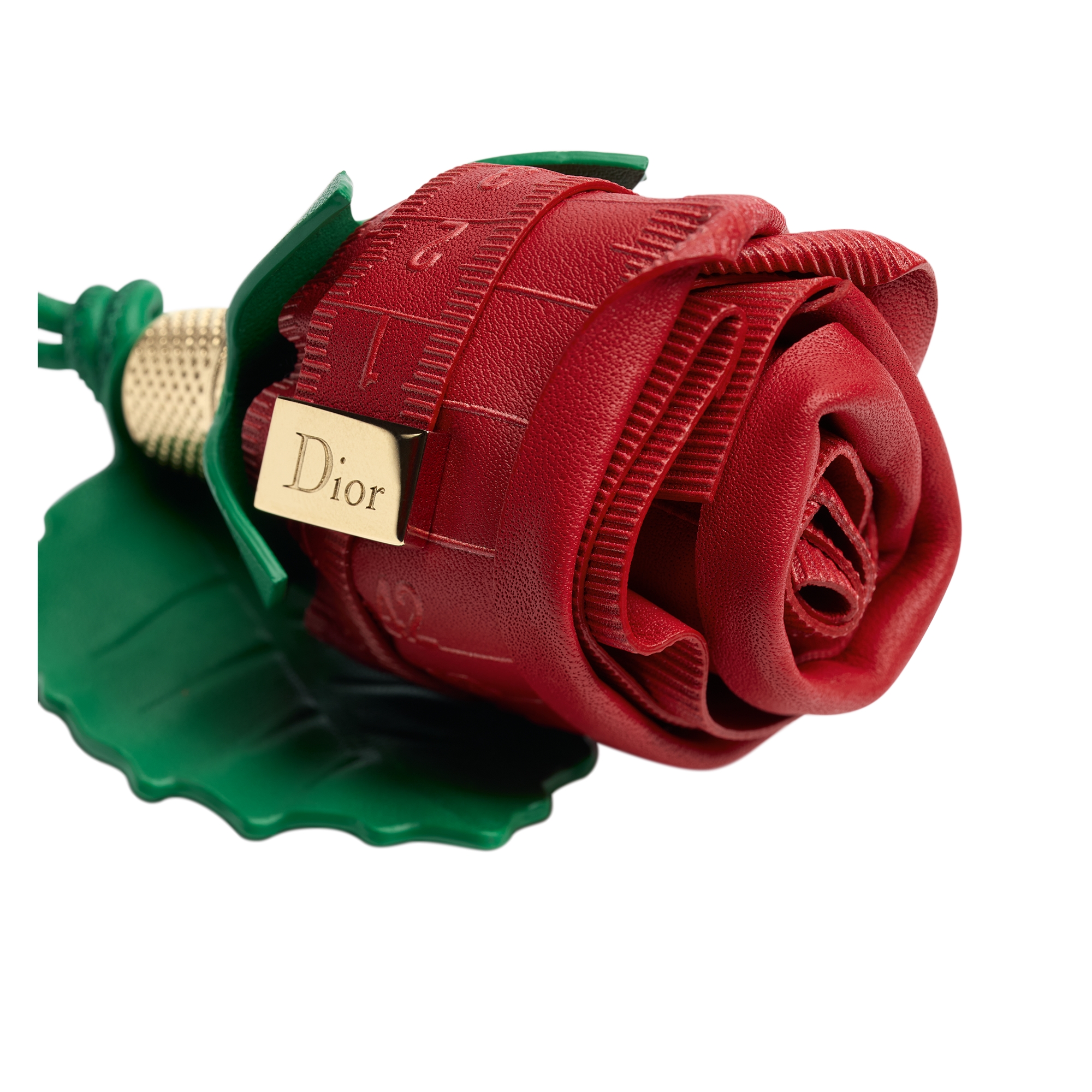 Dioramour Rose Bag Charm Red and Green Calfskin with Gold-Finish Metal E09