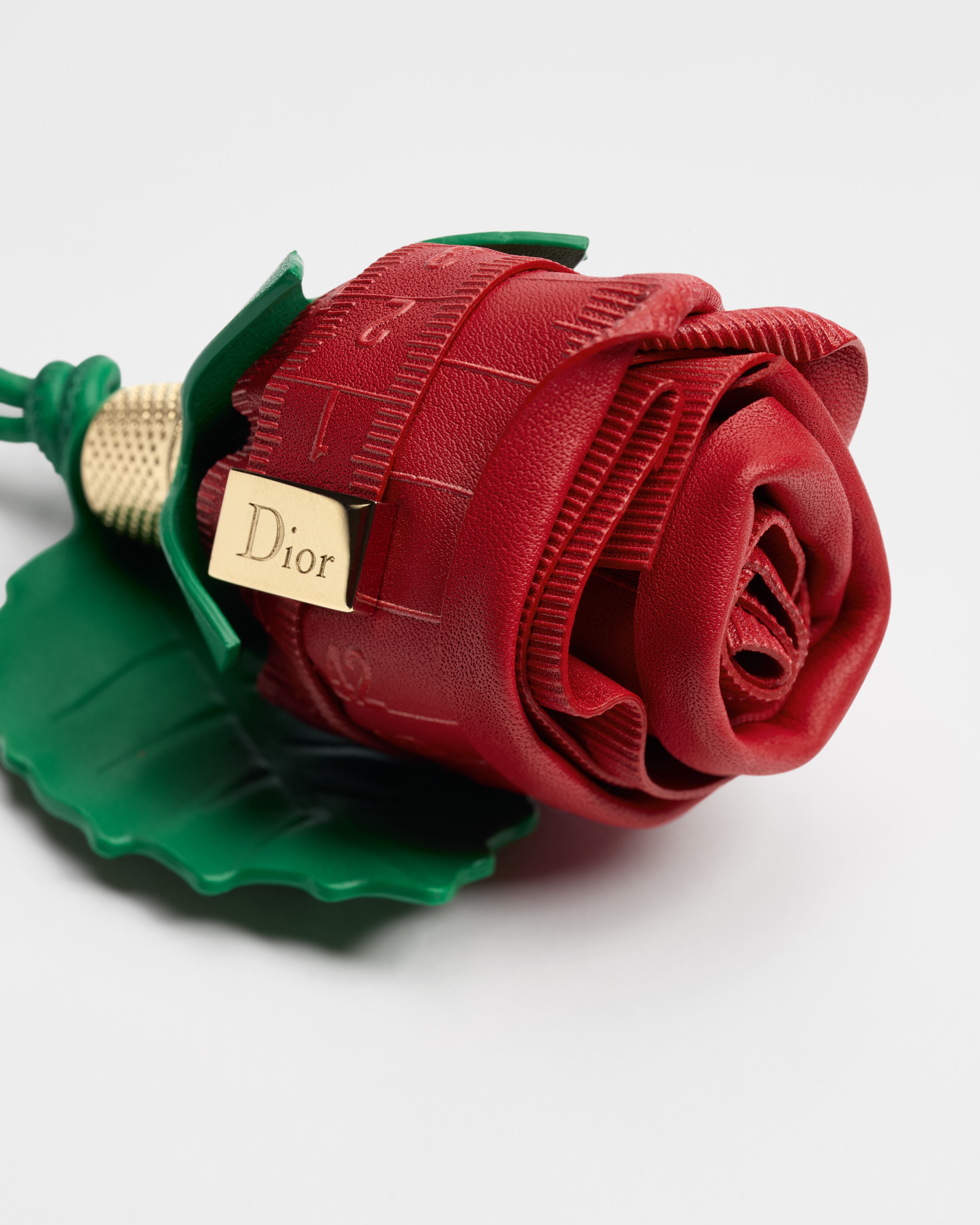 Dioramour Rose Bag Charm Red and Green Calfskin with Gold-Finish Metal E09