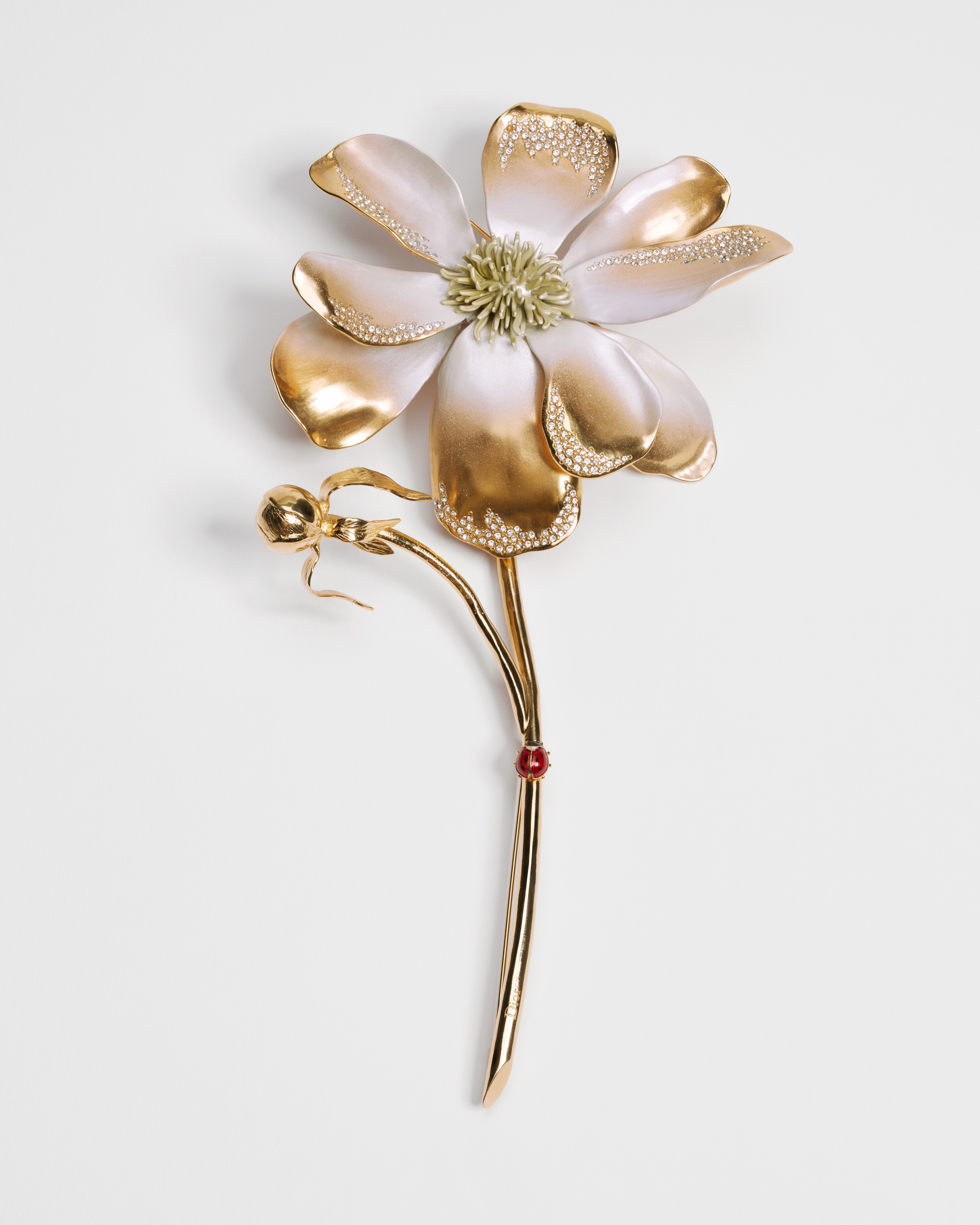 Spilla Dior en Flowers Metallo con finitura color oro, cristalli e lacca multicolore E01