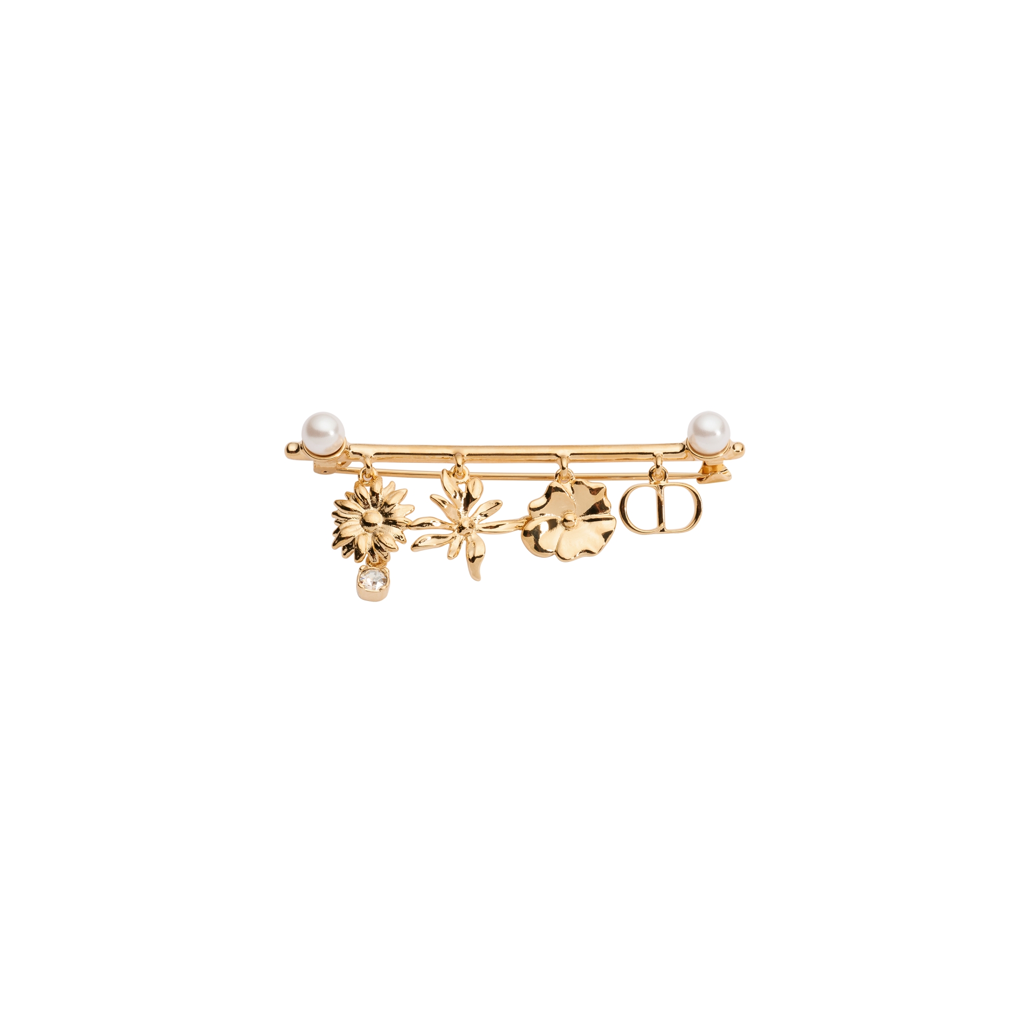 CD Multi Flowers Brooch Gold-Finish Metal with White Resin Pearls