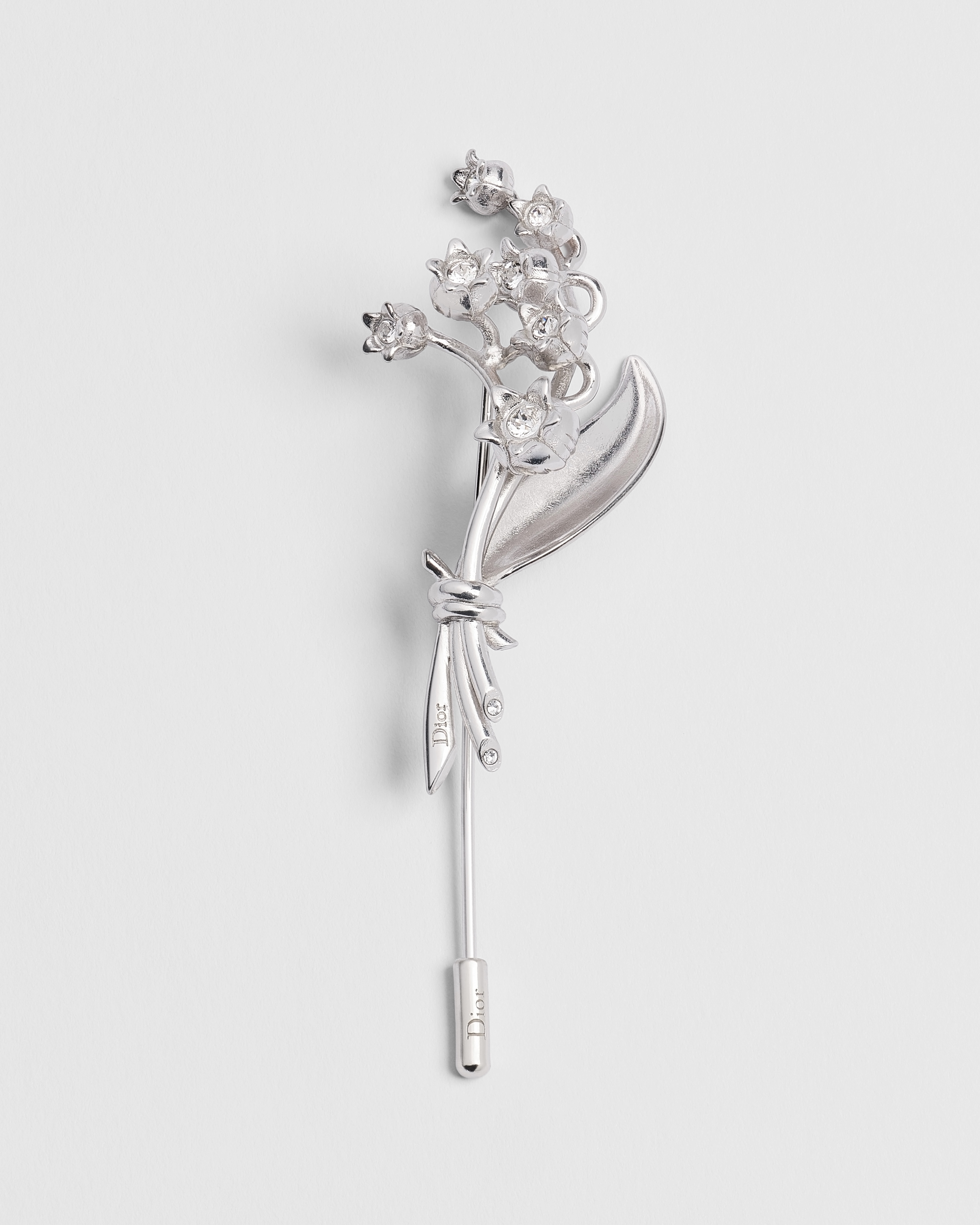 Lily of the Valley Brooch Silver-Finish Brass and White Crystals E01