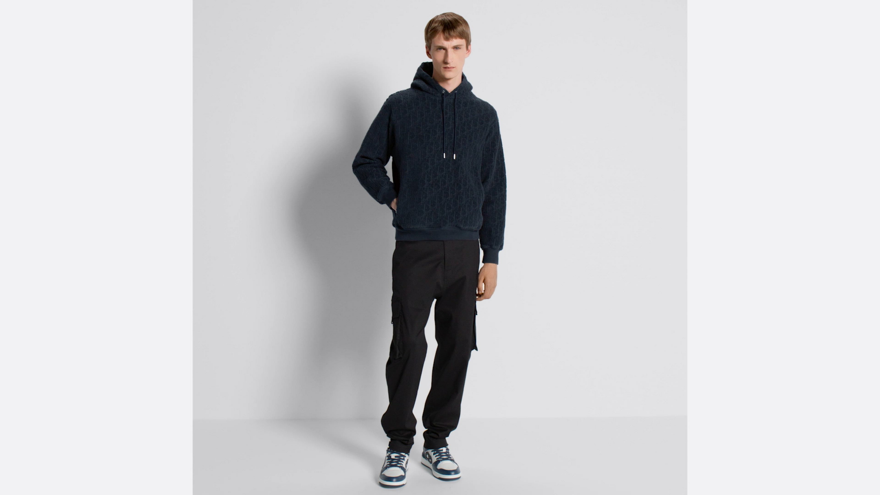 Dior Oblique Relaxed-Fit Hooded Sweatshirt Navy Blue Cotton