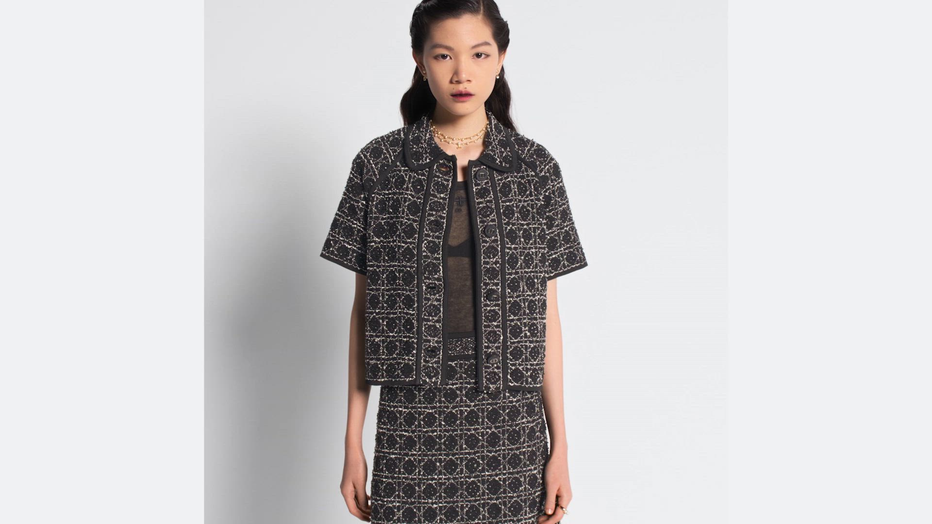 Macrocannage Short-Sleeved Jacket Black and White Cotton and Silk