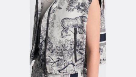 Hooded Vest Blue and White Technical Taffeta Jacquard with Toile