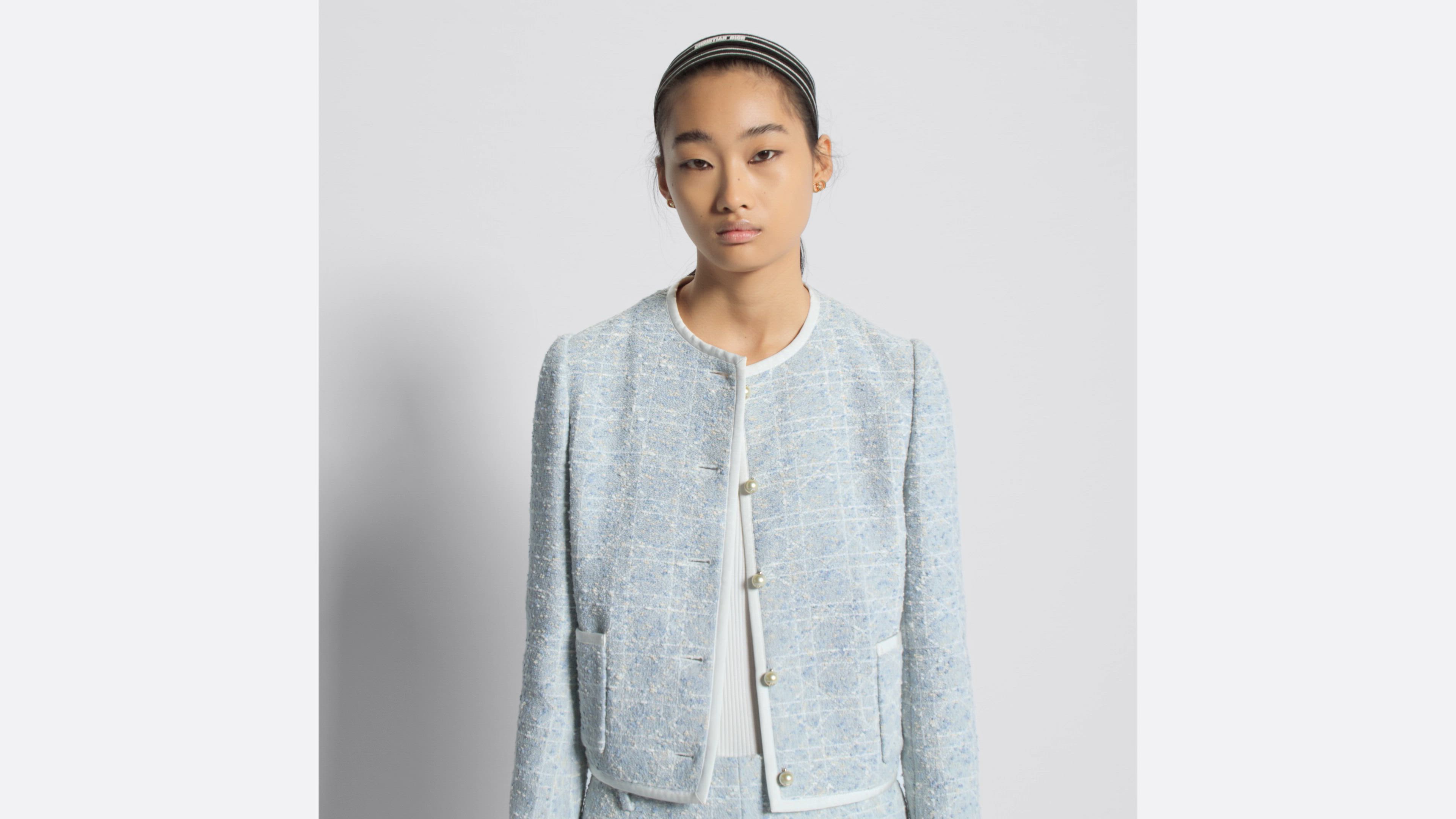 ジャケット・アウター Dior archives Collarless tweed jacket Macrocannage Cropped Jacket Sky Blue Cotton-Blend Tweed | DIOR