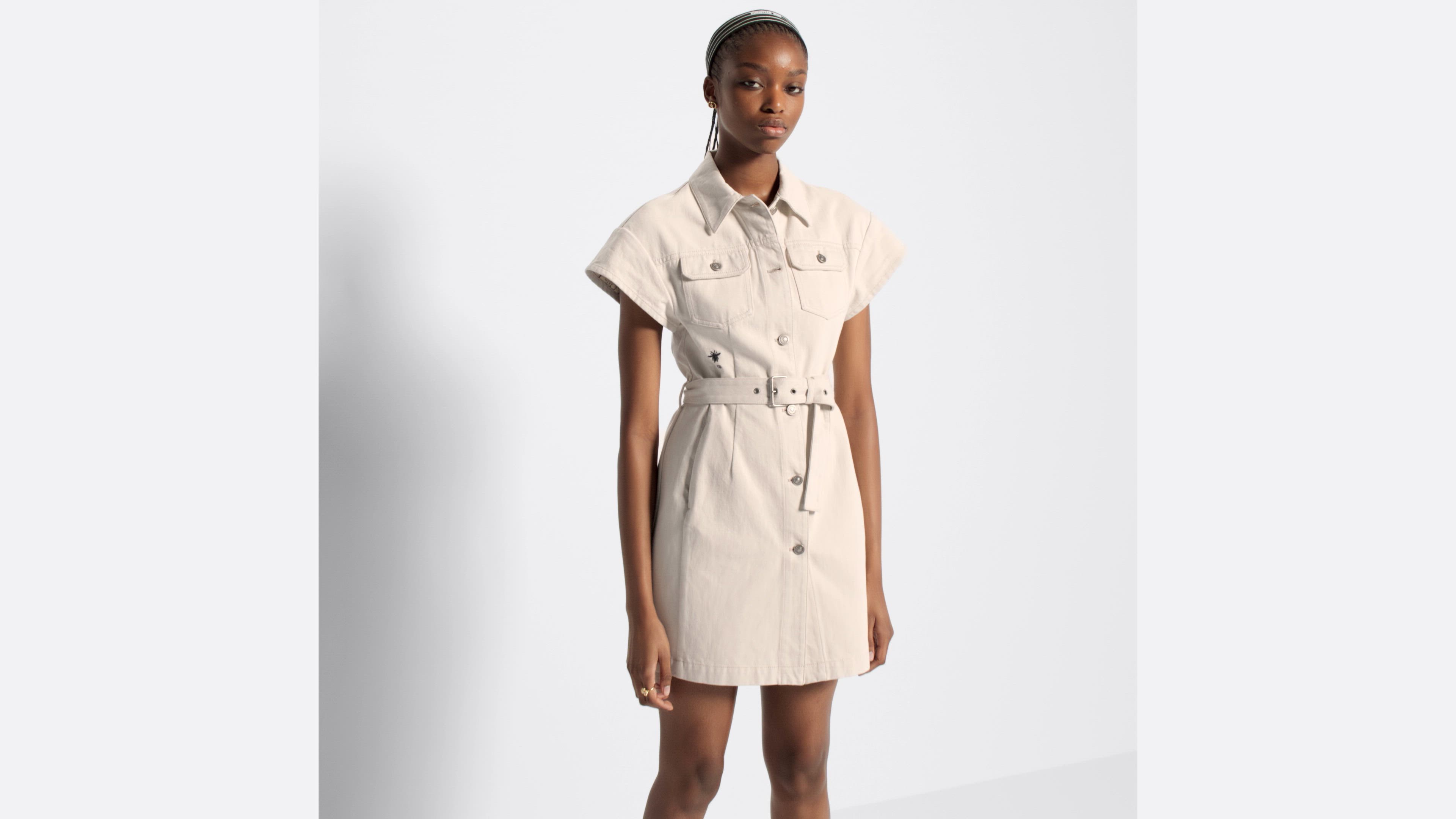 Short Belted Shirtdress Ecru Cotton Denim with Dior Oblique