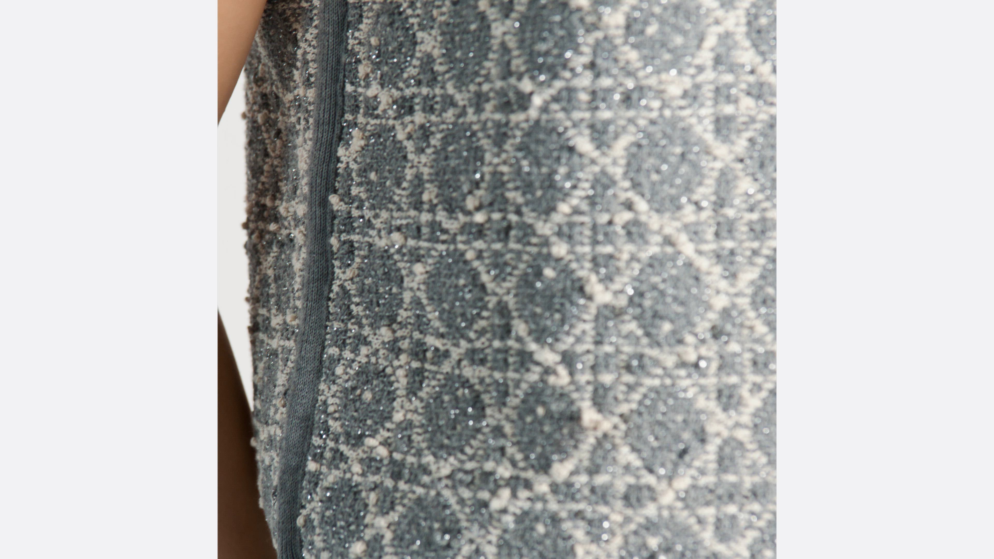 Macrocannage Short-Sleeved Top Gray Cotton-Blend Tweed Knit with