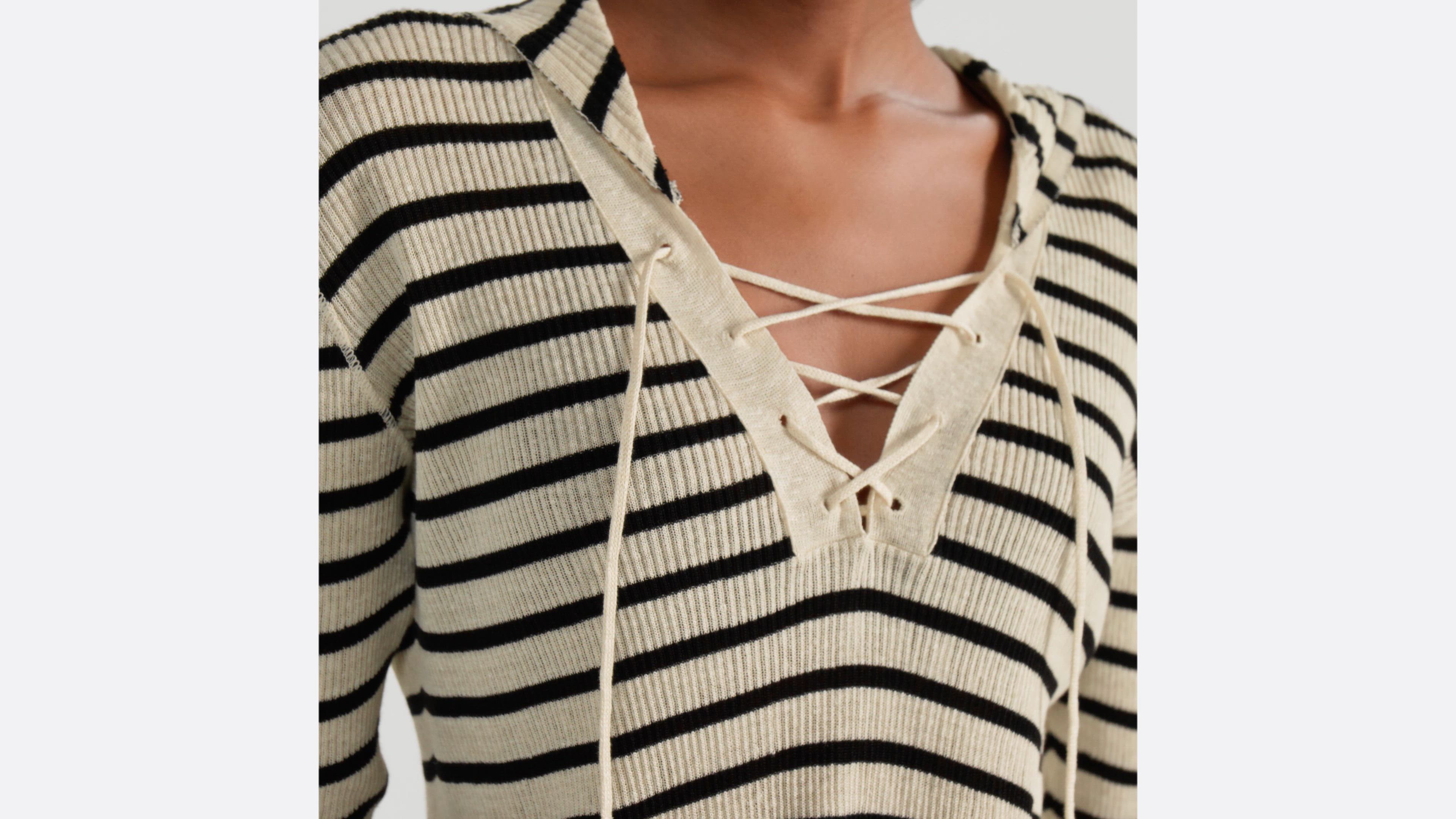 Sweater with Lace-Up Neckline Navy Blue and White D-Stripes Linen