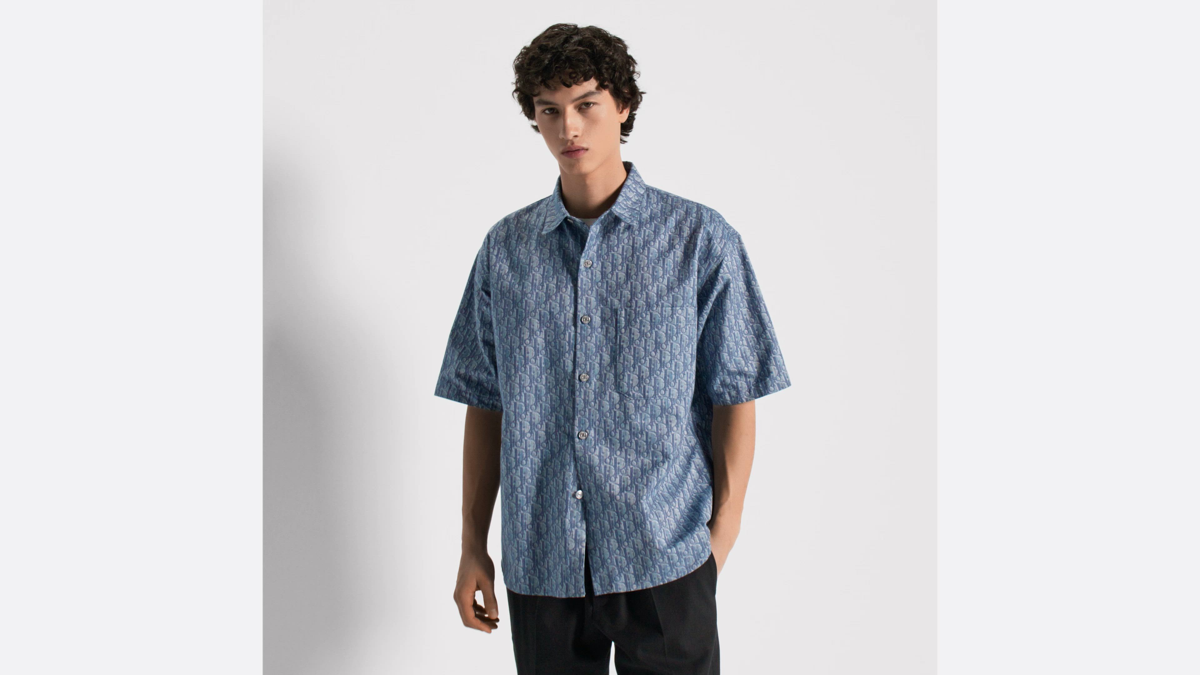 短袖衬衫蓝色棉质混纺斜纹面料Oblique 印花| DIOR
