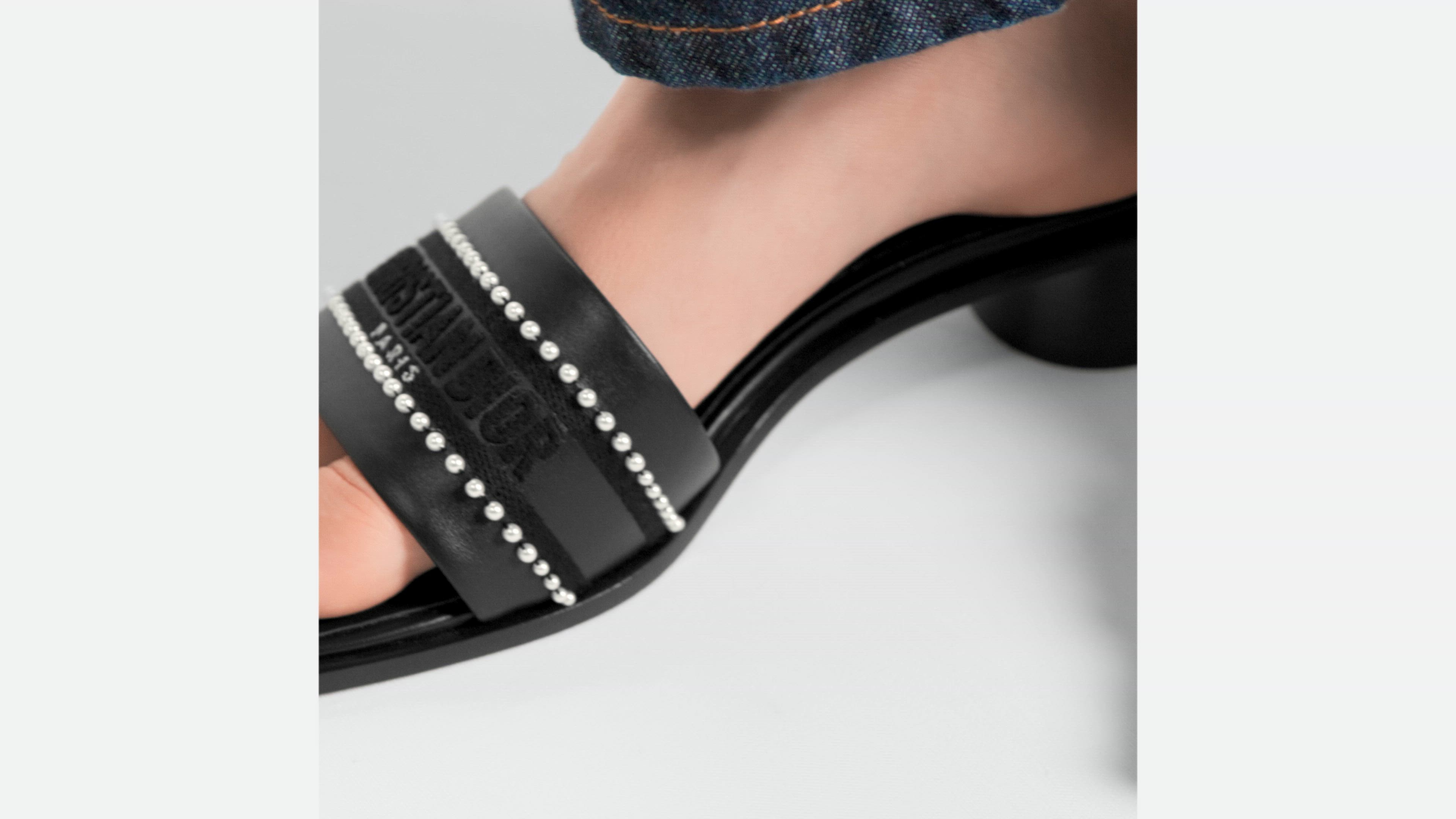 Dway Heeled Slide Black Calfskin and Embroidered Cotton with White