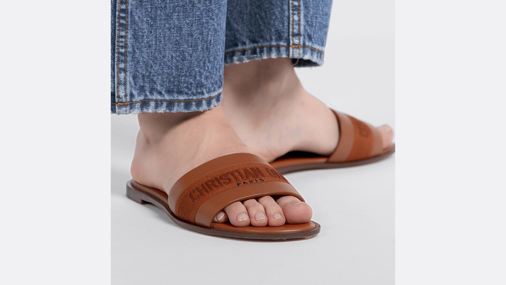 Dway Slide Camel Calfskin and Embroidered Cotton | DIOR