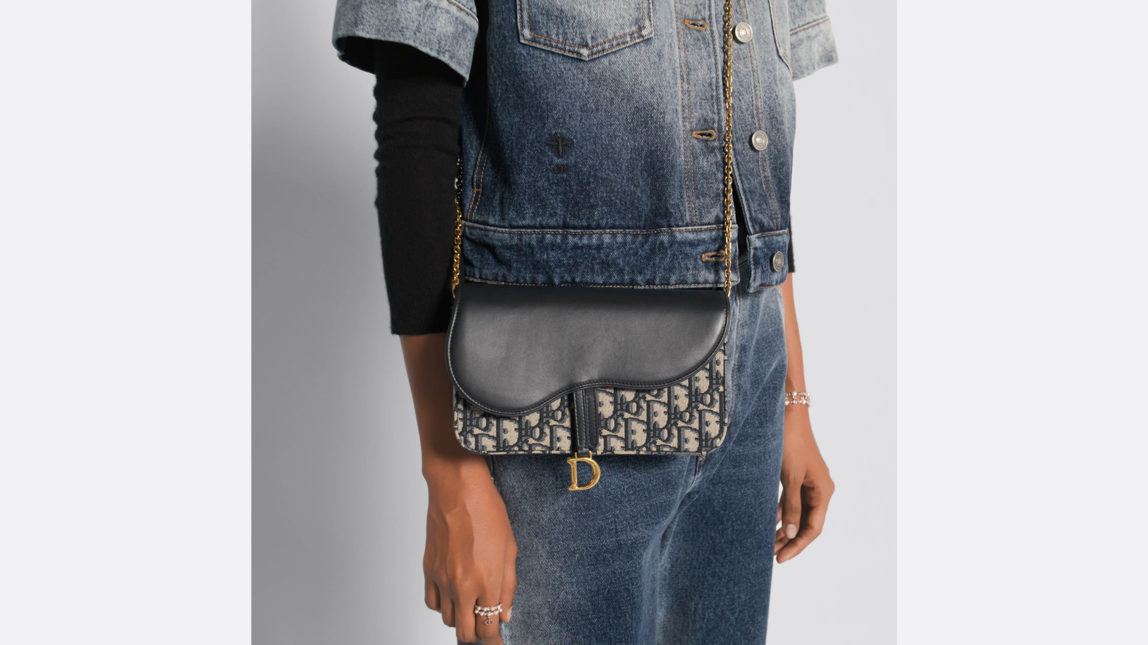 Medium Saddle Pouch with Chain Blue Dior Oblique Jacquard and